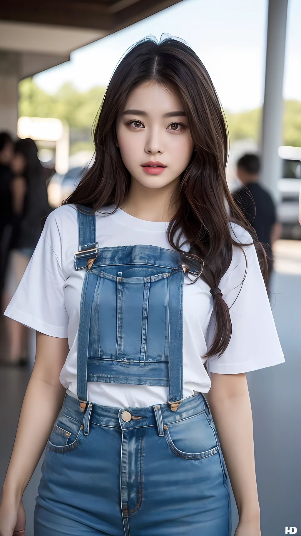 (((perfect bodies, A long-legged beauty))), Smooth dark brown hair, HD 8K quality, Rendered in amazing detail, White skinny T-shirt and denim suspenders, Female face true skin tone texture, Living eyes.