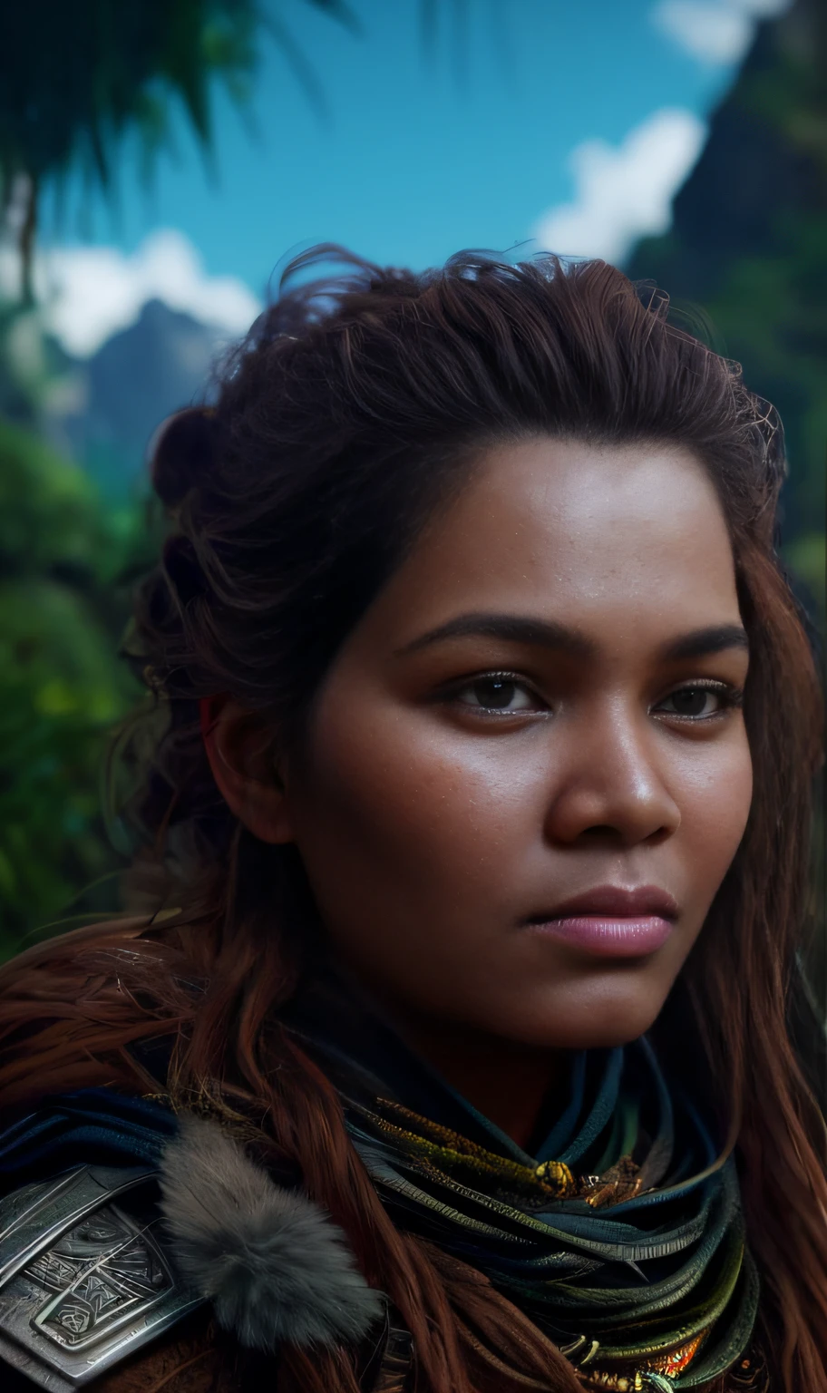 ultra realistic photography, perfectly centered medium upper shot of Aloy from horizon zero dawn, creatures from horizon zero dawn jungle cliffs in the background, looking at viewer, fashion pose, extremely detailed eyes, detailed symmetric realistic face, extremely detailed natural texture, detailed peach fuzz, messy hair, masterpiece, absurdres, award winning photo by lee jeffries, nikon d850 film stock photograph, kodak portra 400 camera f1.6 lens,  depth of field, extremely detailed, amazing, fine detail, rich colors, hyper realistic lifelike texture, dramatic lighting, unrealengine, trending on artstation, cinestill 800 tungsten, photo realistic, RAW photo, TanvirTamim, high quality, highres, sharp focus, extremely detailed, cinematic lighting, 8k uhd, high definition, cinematic, neoprene, behance contest winner, featured on unsplash, cgsociety, unreal engine 5, ultra sharp focus
