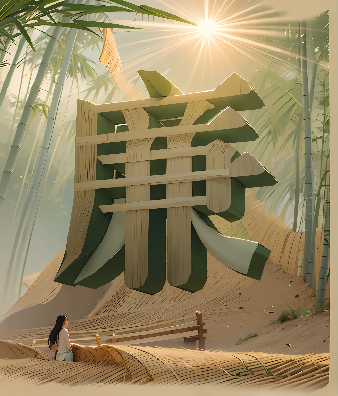 made of bamboo, bamboos, Bamboo, In a green bamboo forest, Sunlight exposure,cgsociety and fenghua zhong, trend on behance 3 d art, trend on behance 3d art, japonisme 3 d 8 k ultra detailed,There is a river beach in the distance,ricefield,Wheat,phragmites,River side,There is a bamboo forest path on the shore,Stand on the bamboo forest path