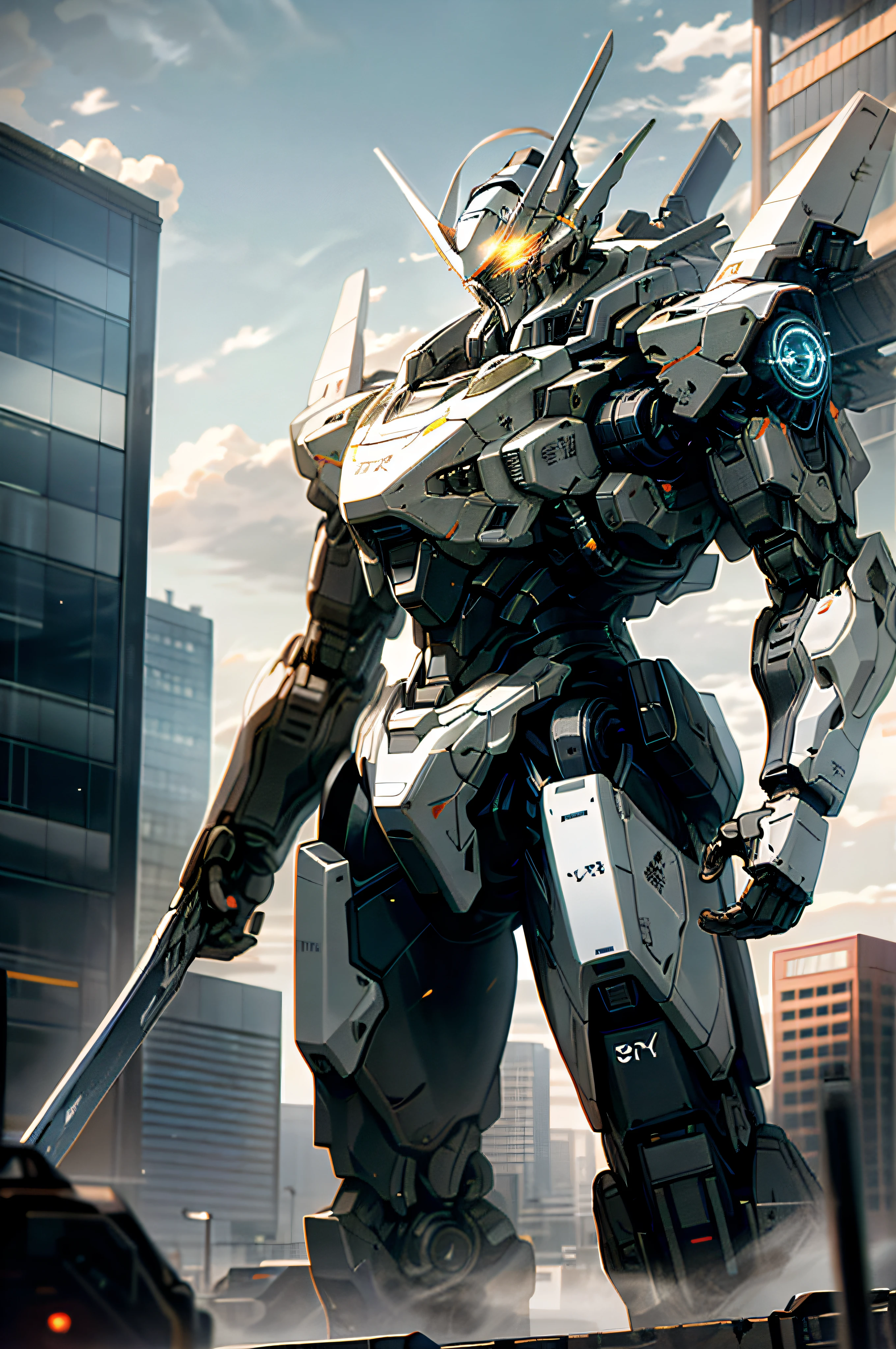 sky, cloud, holding_weapon, no_humans, glowing, , robot, building, glowing_eyes, mecha, science_fiction, city, realistic,mecha