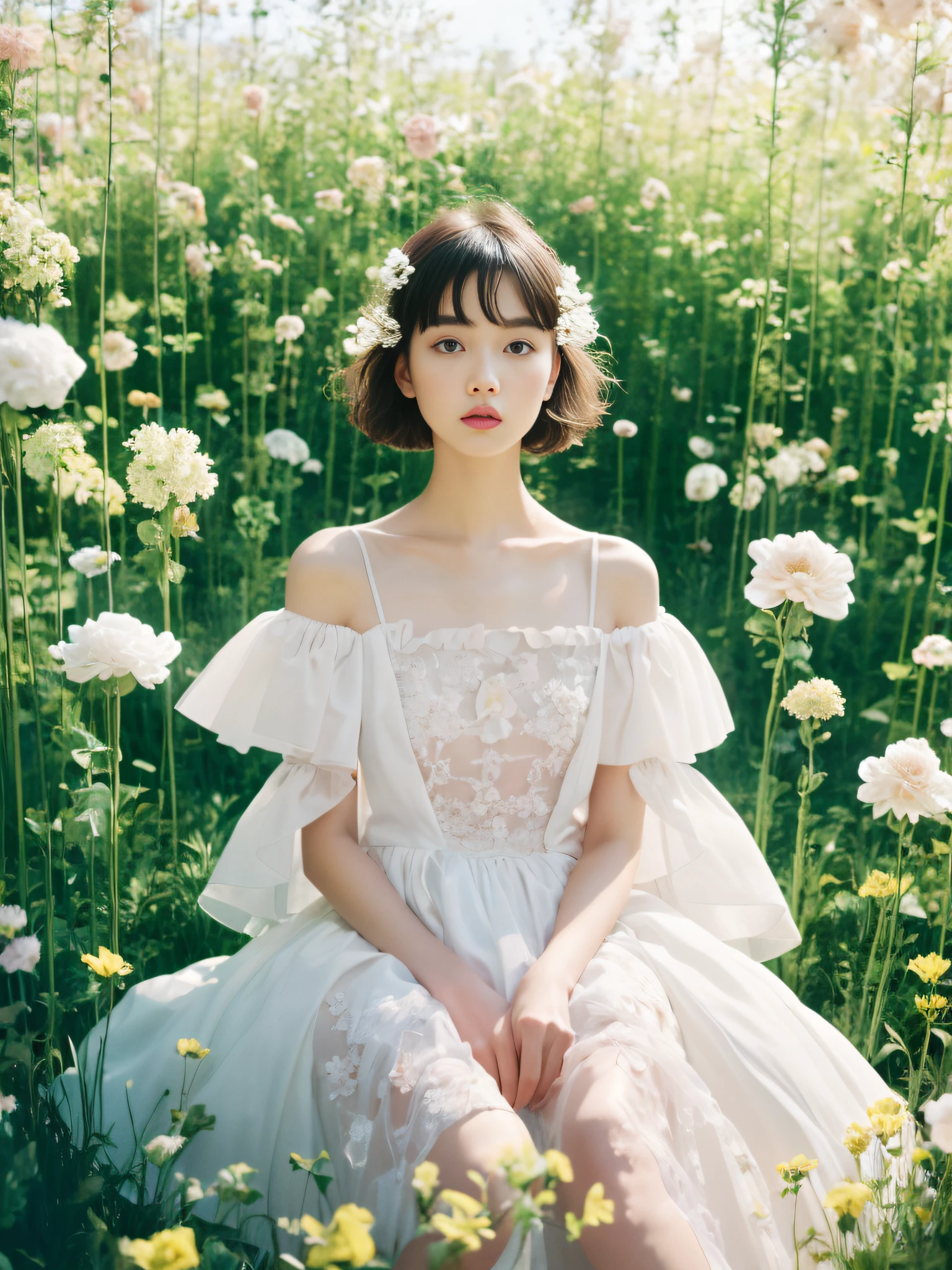 Alfid woman sitting in a flower field in a white dress, Alexander McQueen's digital art, Tumblr, aestheticism, dior campaign, Tim Walker's style, official dior editorial, Dior magazine editorial, Tim Walker, official vuitton editorial, Nick Knight, Image from《vogue》Magazines, official valentino editorial, 《vogue》Official editorial, nico wearing a white dress, fashion editorial