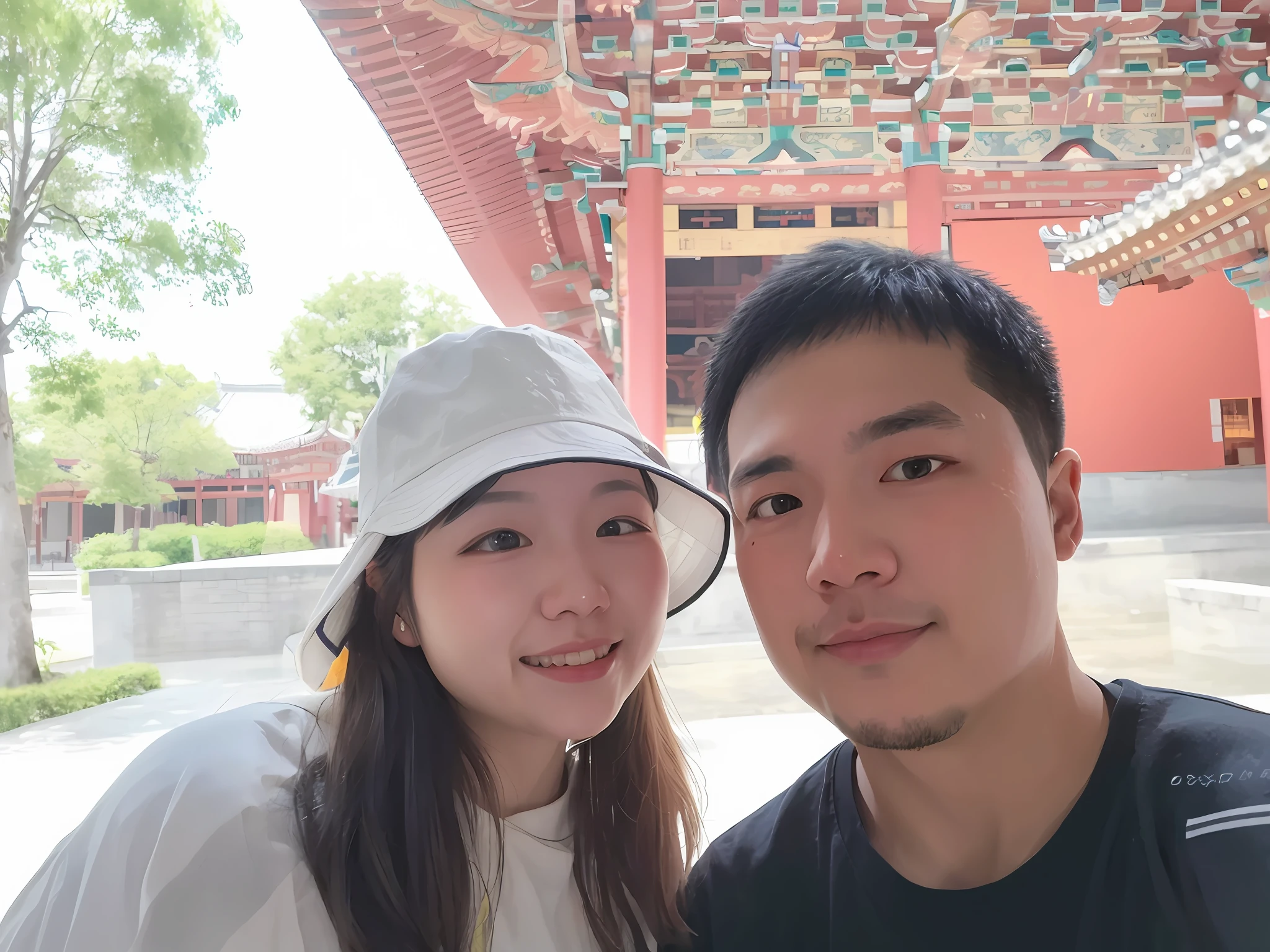 they are posing for a picture in front of a building, 8k selfie photograph, Ruan Jia and Fenghua Zhong, With a Chinese temple, vacation photo, cute couple, Happy couple, in front of temple, zmonzheng, ruan jia and brom, couple, photograph taken in 2 0 2 0, A picture