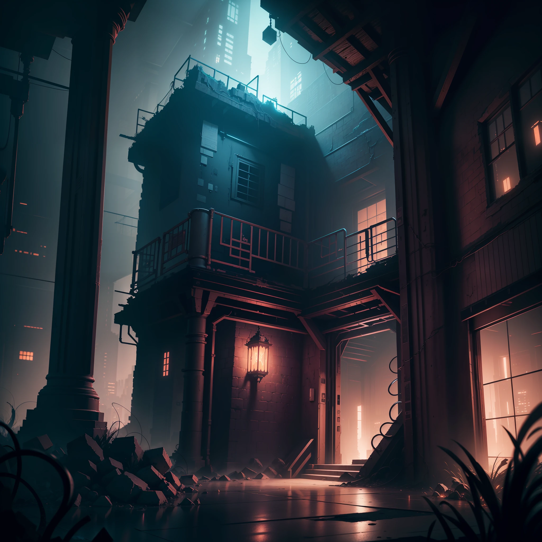 extremely detailed CG unity 8k wallpaper, masterpiece, best quality, long shot, cyberpunk, dungeon, ghostly setting, mist, volumetric light, neon lights, animatronic figures, ruined structures, grunge textures, dungeon