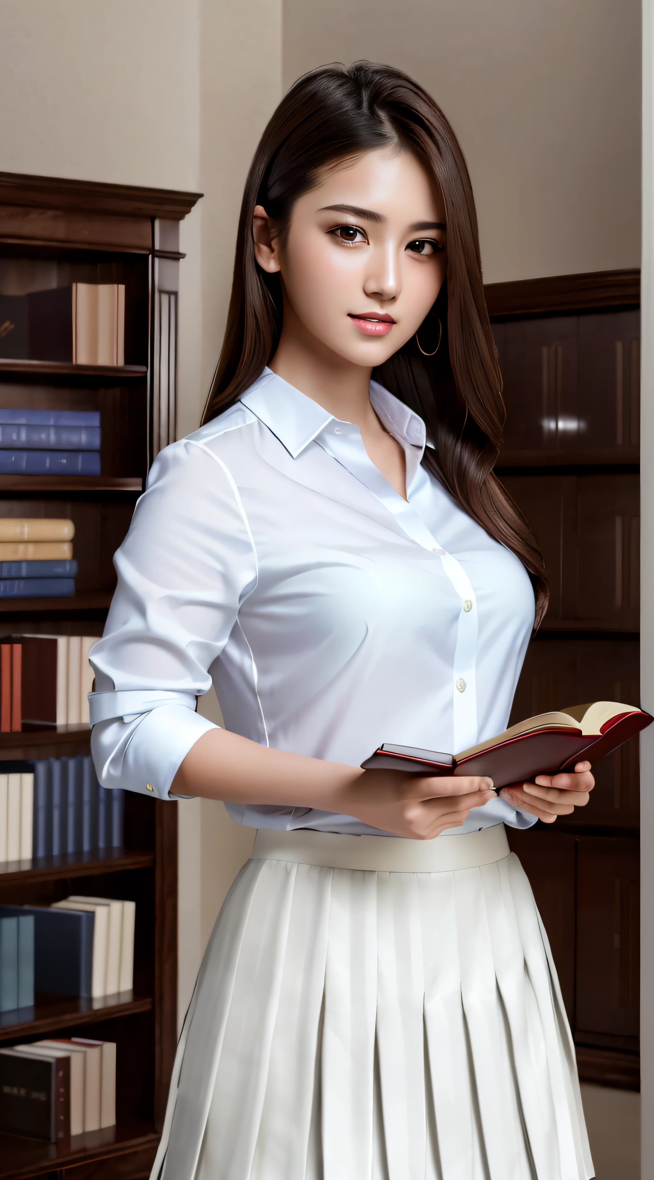 masterpiece, best quality, ultra high res, (photorealistic:1.4), beautiful lighting, RAW photo, 8k uhd, ultra detailed face, realistic lightning, beautiful girl, sweet girl, ((wearing white shirt and  long pleated skirt)), library,  long shot, shy, hiding face behind book,