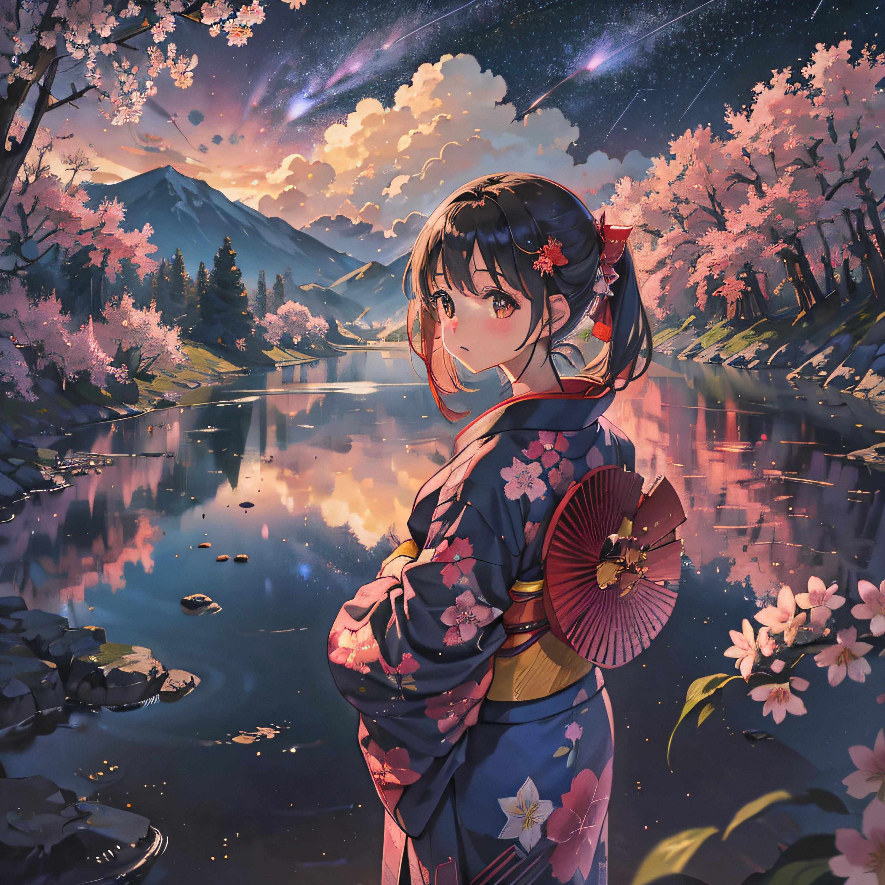 1 girl, distant girl gazing at the stars in kimono, (zoom down: 1.1), (meteor shower: 1.2), (comet: 1.1), your name, low angle, from behind, arctic wild cherry blossoms, shooting stars, yukata, red kimono, cherry blossoms, standing in the field, best quality, masterpiece, clouds, colorful, stars, --auto