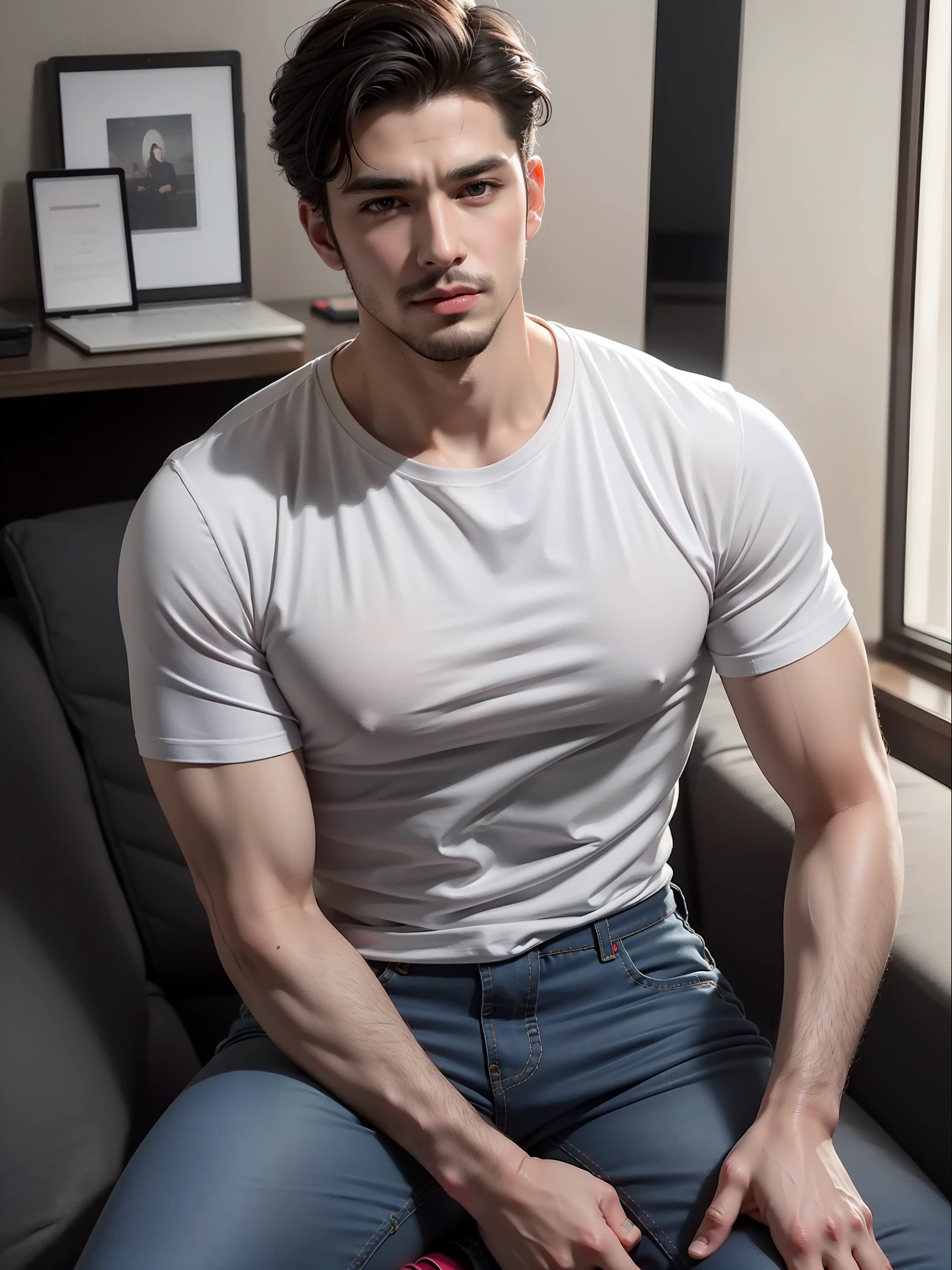 Best quality, masterpiece, ultra high res, (photorealistic:1.4), raw photo, handsome male, facial hair, in basic plain tee-shirt, round neck Tee-shirt, tight jeans with ankle boots, studio shooting,