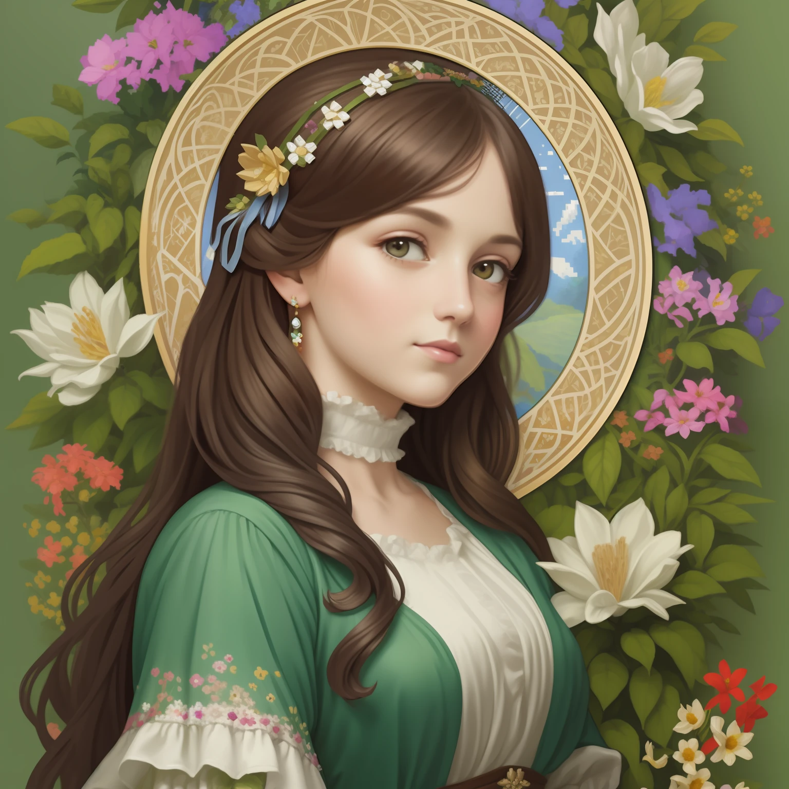(PIXEL ART) pixels, pixeled, isometric, very detailed and delicate oil paint of a brunette muse in a forest, (focus on face) painting in the style of Rubens, art nouveau, brush strukes, (cracked paint), (canvas texture:1.1), spring colors, blooms, zoomed, whimsical, high detail, 32k resolution, best quality