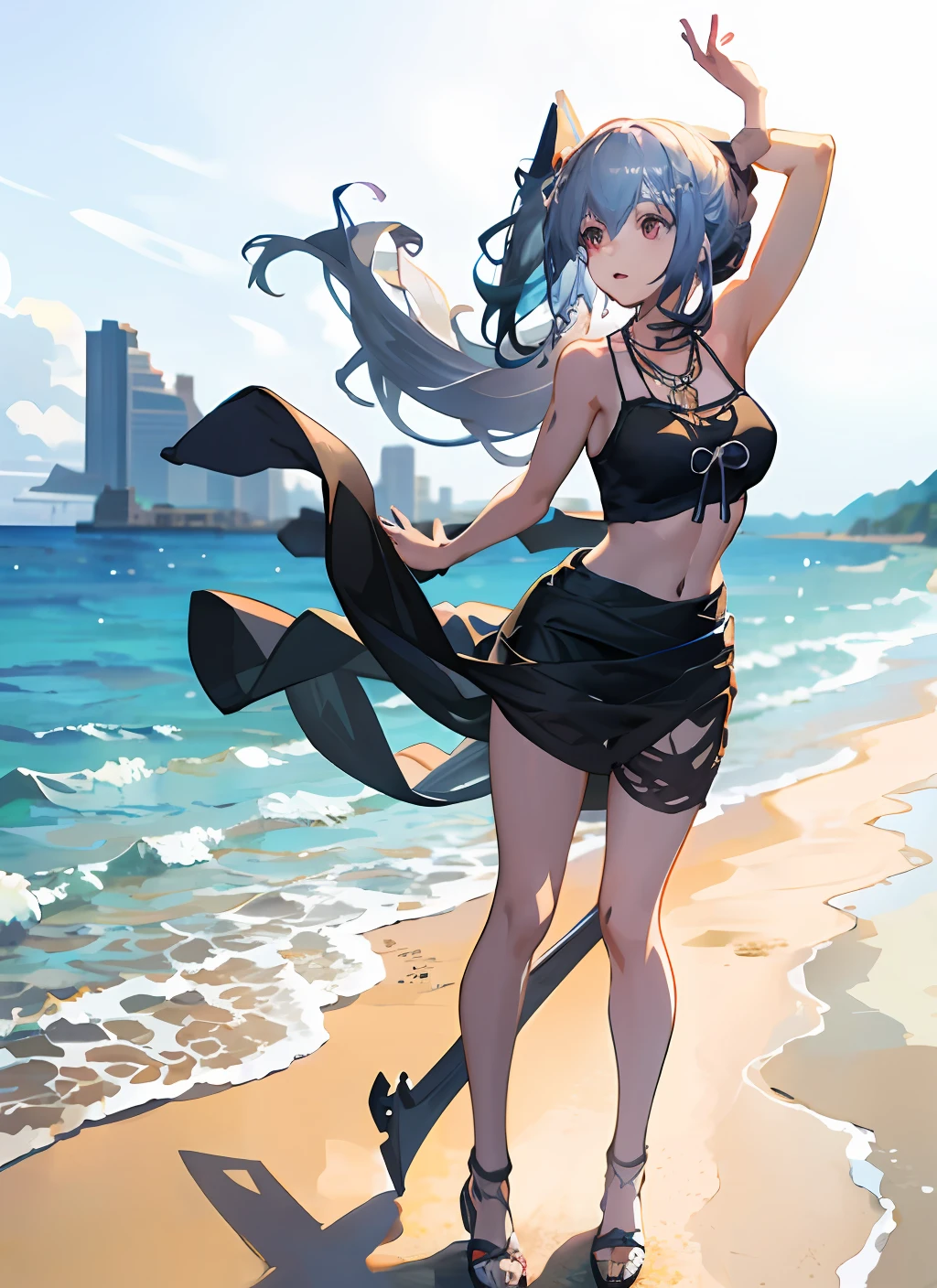 anime girl in blue tank top standing in the ocean with her arms out, kantai collection style, smooth anime cg art, in the beach, at the beach, anime best girl, at a beach, **** in dress, anime moe artstyle, standing at the beach, attractive anime girl, full body portrait of a short!, is wearing a swimsuit