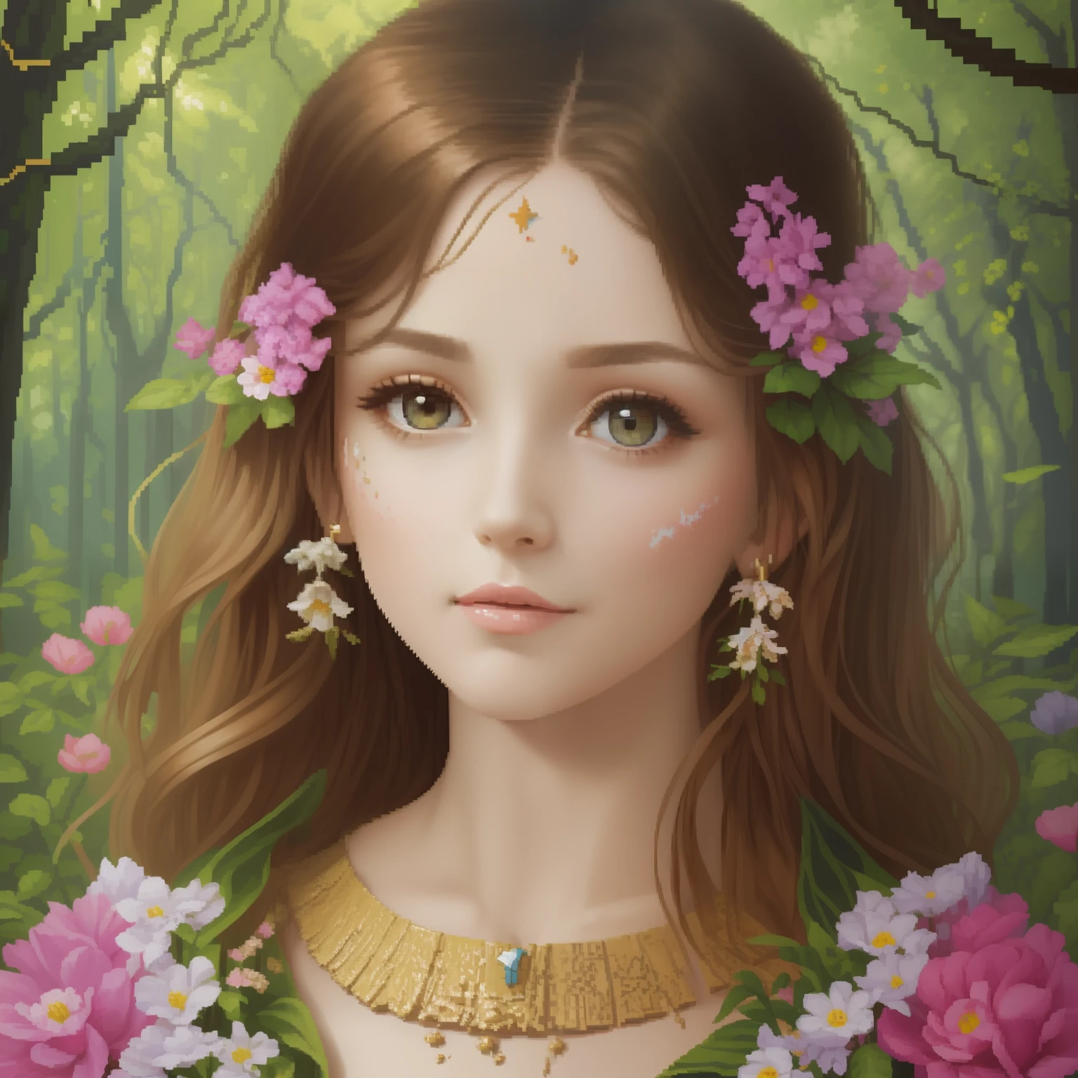 (PIXEL ART) pixels, pixeled, isometric, very detailed and delicate oil paint of a brunette muse in a forest, (focus on face) painting in the style of Rubens, art nouveau, brush strukes, (cracked paint), (canvas texture:1.1), spring colors, blooms, zoomed, whimsical, high detail, 32k resolution, best quality