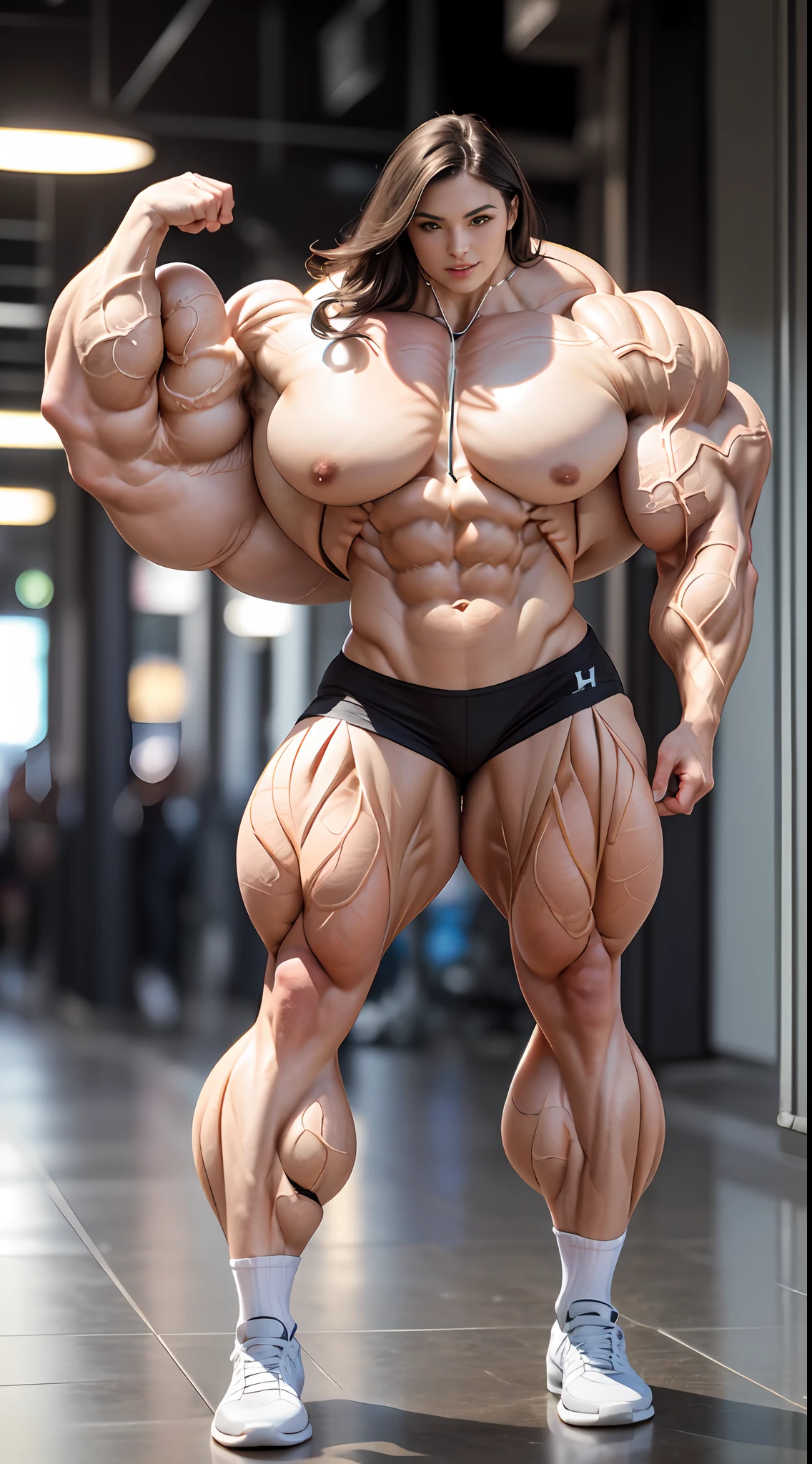 ultra photorealistic image of a bodybuilder wearing a skin tight thong, (perfect anatomy:1.5), (super muscular professional bodybuilder:1.5), (full body pose:1.5), (huge muscular arms:1.5), perfect model face, beautiful gorgeous smile, (super muscular physique:1.5), (muscular female bodybuilder:1.5), (huge muscular arms:1.5), (Larger biceps:1.75), large forearms, (((narrow hips))), veins everywhere, thin thighs, (thinner legs), (larger upper body:1.5), (small pecs), muscular chest, small waist, (perfect fingers:1.2), (full body pose), (UHD 8k:1.5), solo female, realistic image, high detail, photo quality, beautiful girl, best quality, ultra-detailed, masterpiece, finely detail, style of stefan kostic, realistic skin texture, 85 mm art lens, f 1.2, sharp focus, 8 k high definition, insanely detailed, intricate, elegant, art by stanley lau and artgerm