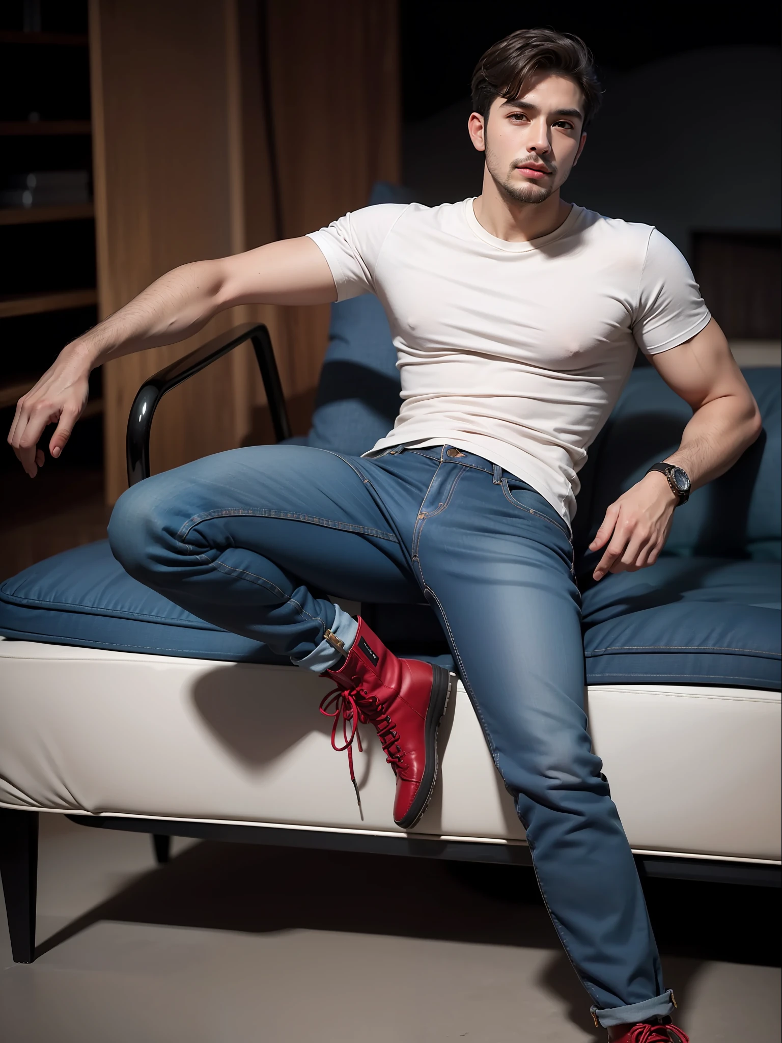 Best quality, masterpiece, ultra high res, (photorealistic:1.4), raw photo, handsome male, facial hair, in basic plain tee-shirt, round neck Tee-shirt, tight jeans with ankle boots, studio shooting,