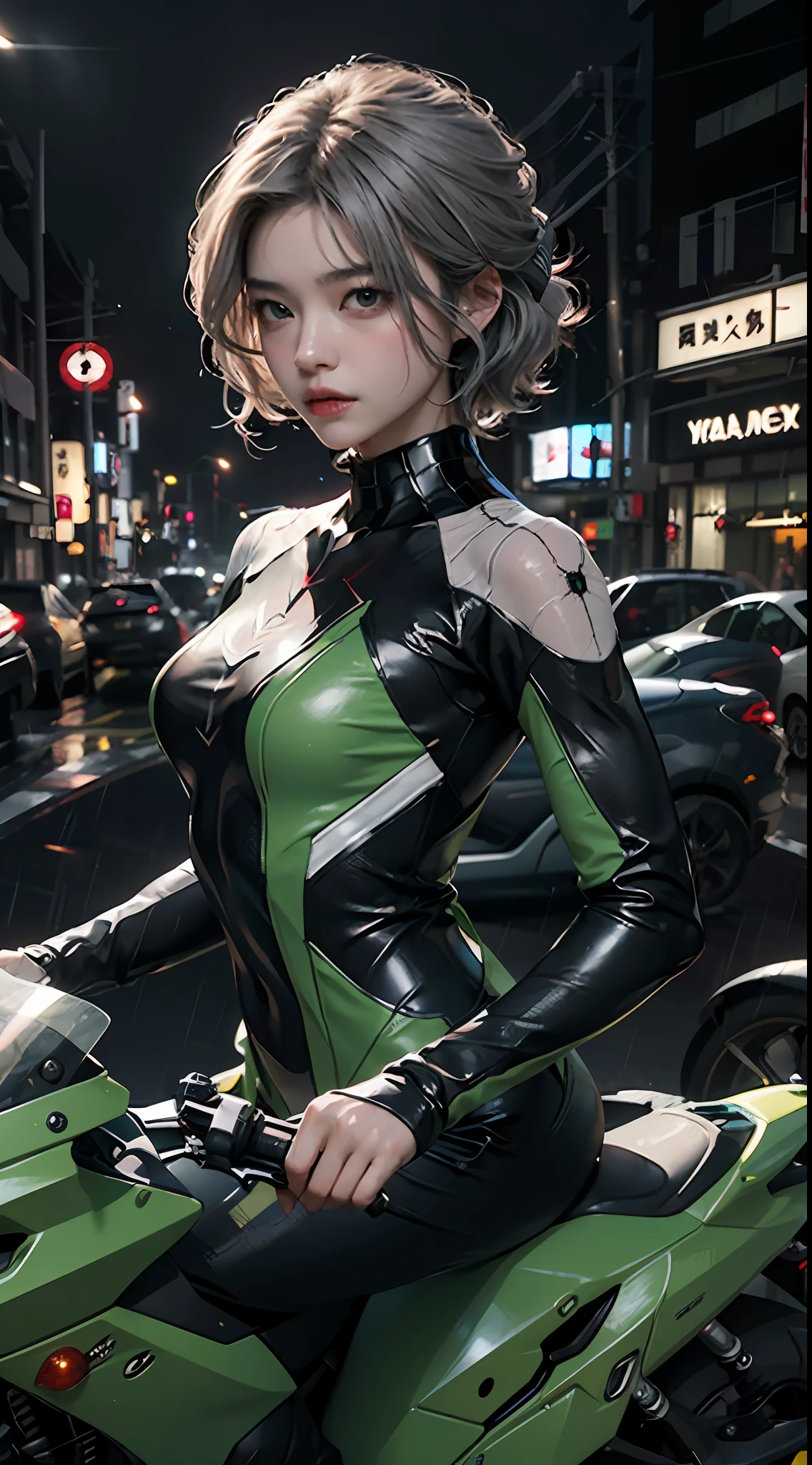 The highest image quality、Exceptional detail、超A high resolution、(真实感:1.4)、The best illustrations、Favor the details、Highly condensed 1girl、delicate and beautiful face、Dressed in black and green mechs、Wearing a mecha helmet、Has a direction controller、Riding a motorcycle、Background is high-tech lighting scene of rainy Tokyo futuristic city。White Spider-Man Costume、Silver hair color、Overexposed、Wet、rain is falling、Spider-Man's costume is made of thin fabric、