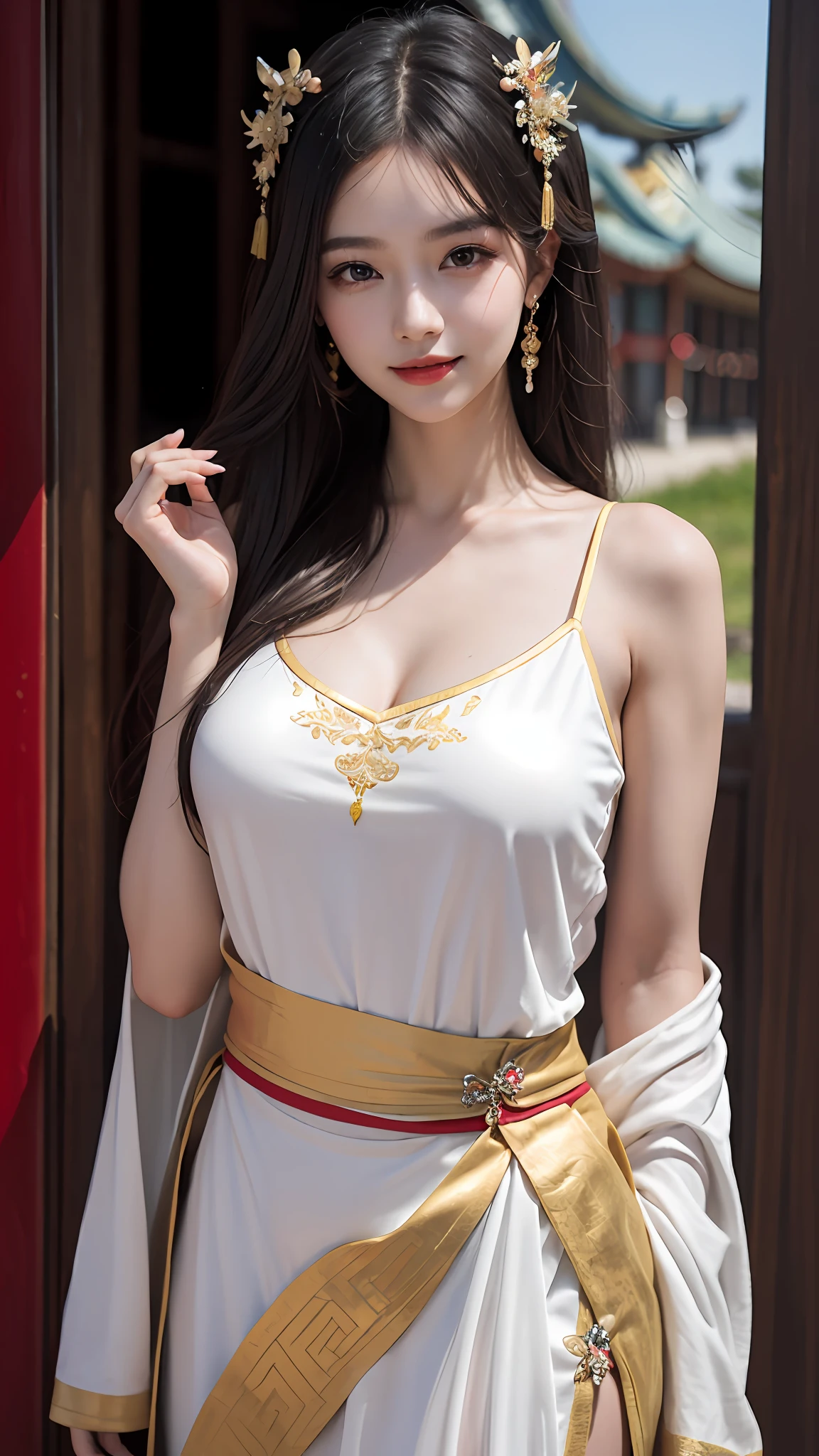 Best quality, masterpiece, ultra high res, photorealistic, (full shot:1.5), (1 girl),(long hair),(hair ornament:1.4),there is an ancient palace beside the girl, traditional chinese clothing, sharp focus, great body, random pose reference, monolid eyes, high bridged pointed nose, v-shaped face, pale skin, smile, bokeh
