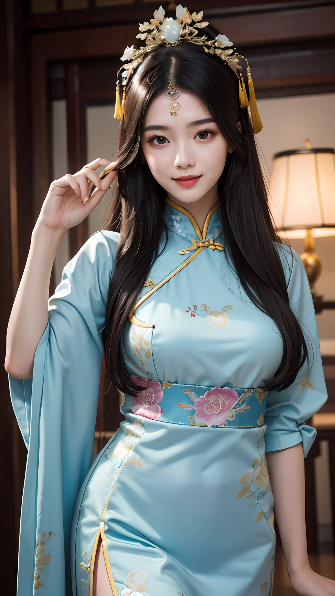 Best quality, masterpiece, ultra high res, photorealistic, (full shot:1.5), (1 girl),(long hair),(hair ornament:1.4),there is an ancient palace beside the girl, traditional chinese clothing, sharp focus, great body, random pose reference, monolid eyes, high bridged pointed nose, v-shaped face, pale skin, smile, bokeh