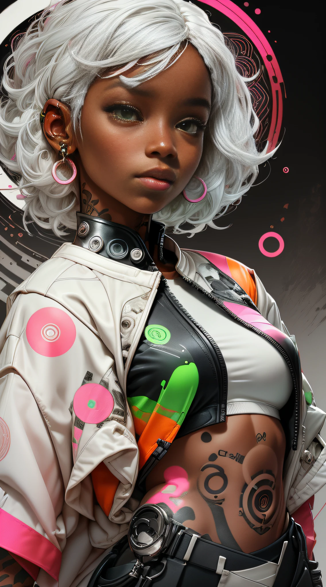 orange, pink, white, green, (white hair woman),tattoos, (techwear clothes:1.1),abstract lines and circles background, Dark skin, African origin, black girl. negroid