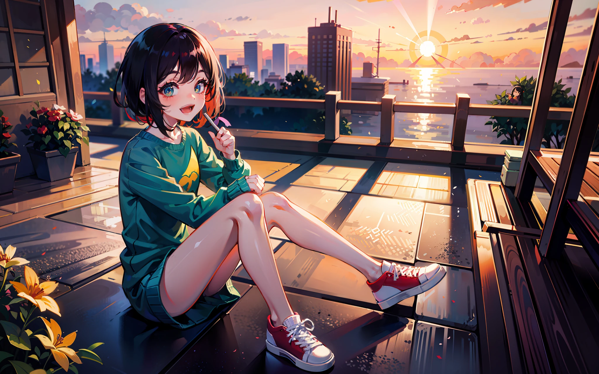 A happy little girl,Holding the guitar,Sit on the roof,Full body photo,Laugh,Wear short green sweatshirts,red sneakers,Medium-long black fluffy hair,There is a house,with flowers and plants,in style of hayao miyazaki,Other little animals, a happy little girl,Round face, big eyes, long eyelashes,Sunset sunset