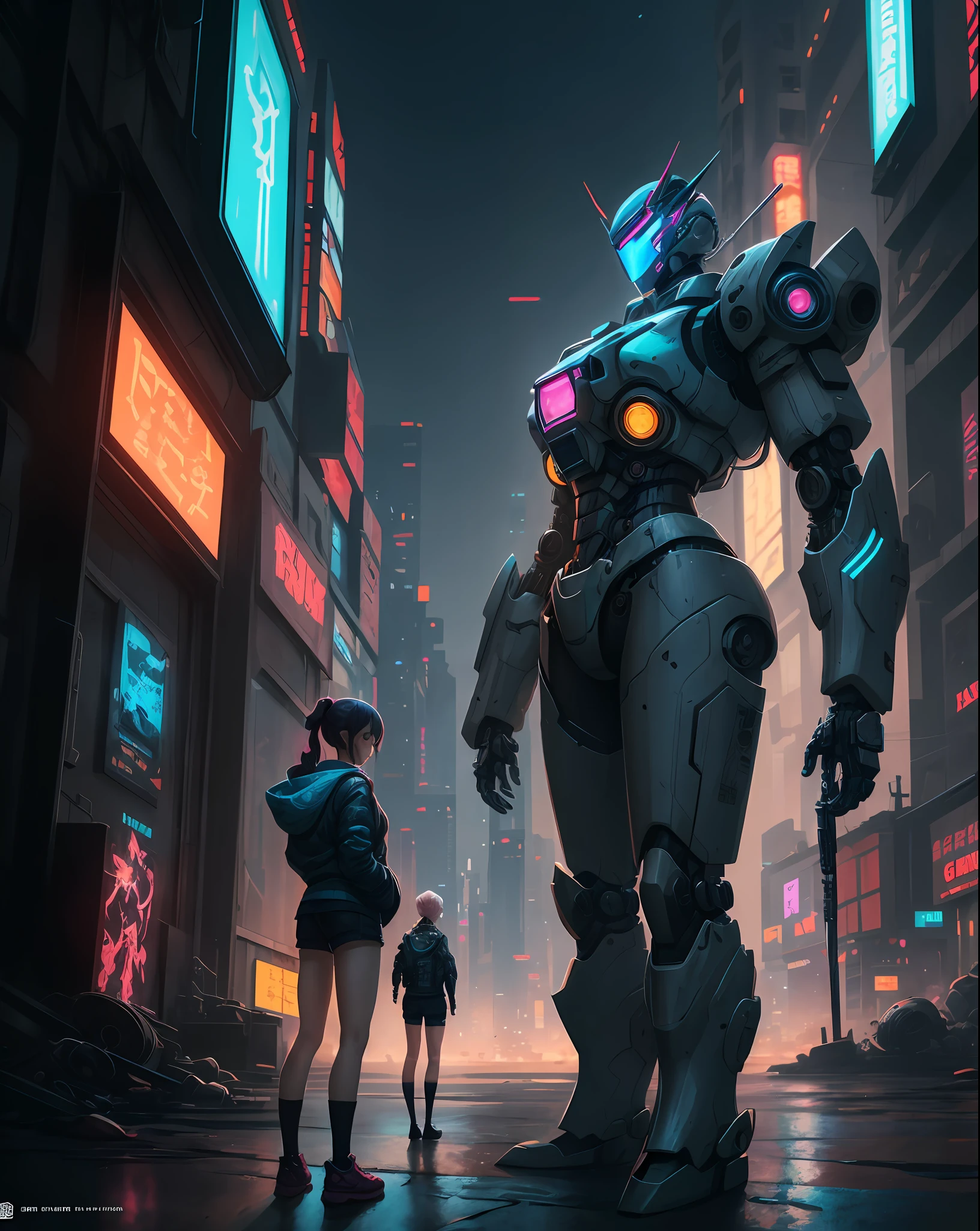 anime girl in short shorts and jacket standing next to giant robot, artwork in the style of guweiz, cyberpunk anime girl mech, trending on cgstation, guweiz, by Russell Dongjun Lu, digital cyberpunk anime art, guweiz on artstation pixiv, ross tran 8 k, girl in mecha cyber armor --auto