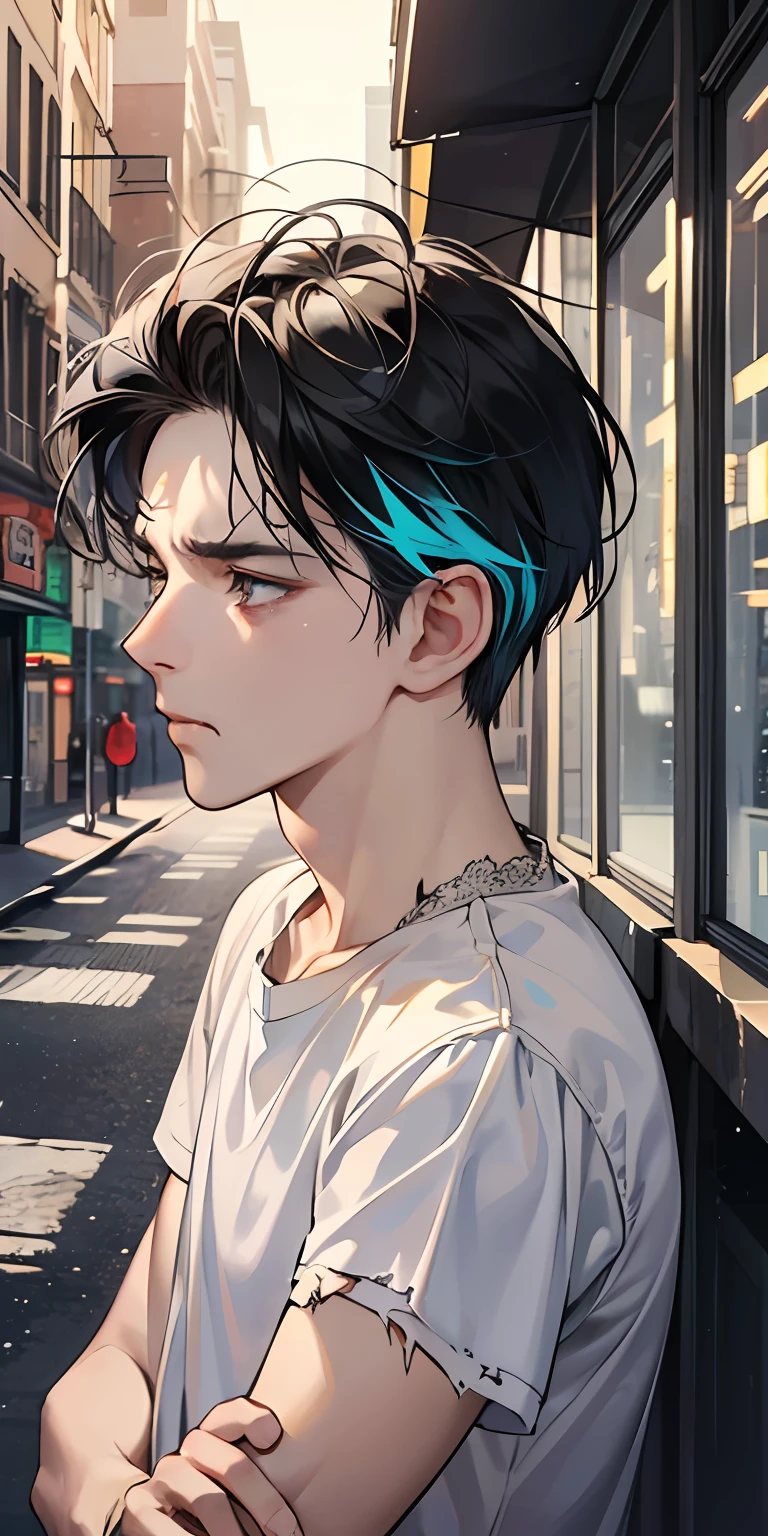 tmasterpiece,high high quality,Best quality at best,k hd,详细的脸,Detailed body,1 man,with short black hair,whitet-shirt,(Saddened expression:1.5),(The face is sad:1.5),(sat on the ground:1.2),Looks engaged,Off the street,The weather is gloomy,(and it was raining lightly:1.2),(Torn clothes:1.4),(Shabby clothes 1.2),eventide,Golden sun,((Color temperature 9000K:1.4))