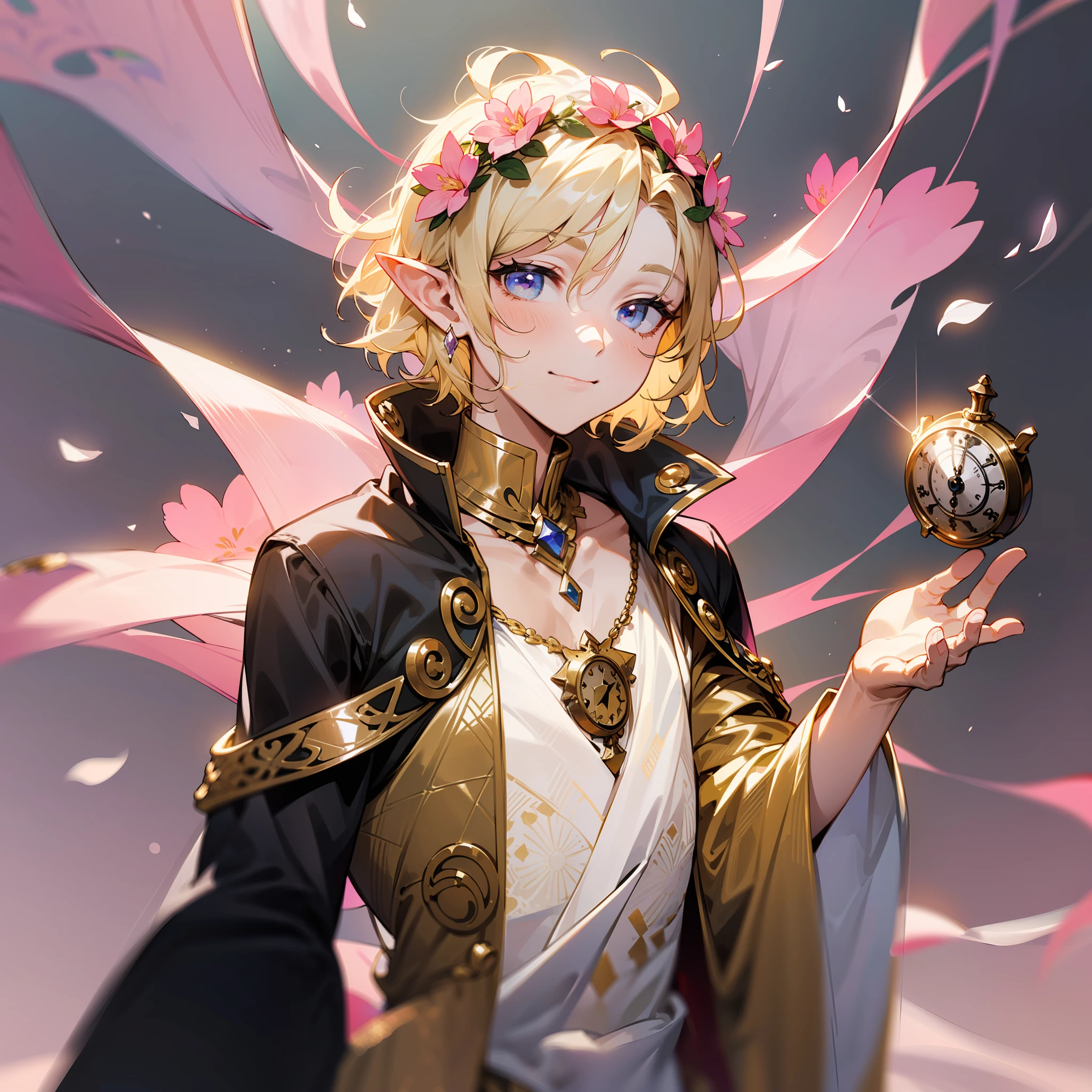 (((white fabric))), (((white colored fabric))), ((white cloth)), ((clothes)), ((white colored shirt)), (fantasy style), (magical patterns on fabric), (fantasy patterns on fabric), gold colored details, light pink colored details, ((clothed)), flat chest, ((male))