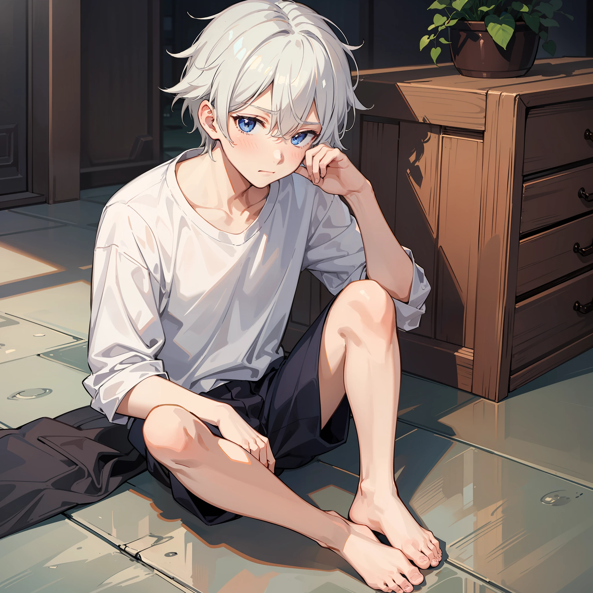 A male ager,adorable captivating,White color hair,in a white shirt,He looked sad,Barefoot,sat on the ground。The blush gradually rises,Shy, But handsome。The picture style is fresh and simple,Rendered like a comic,The lens is shown as a vista,(Anime style+Soft cute)