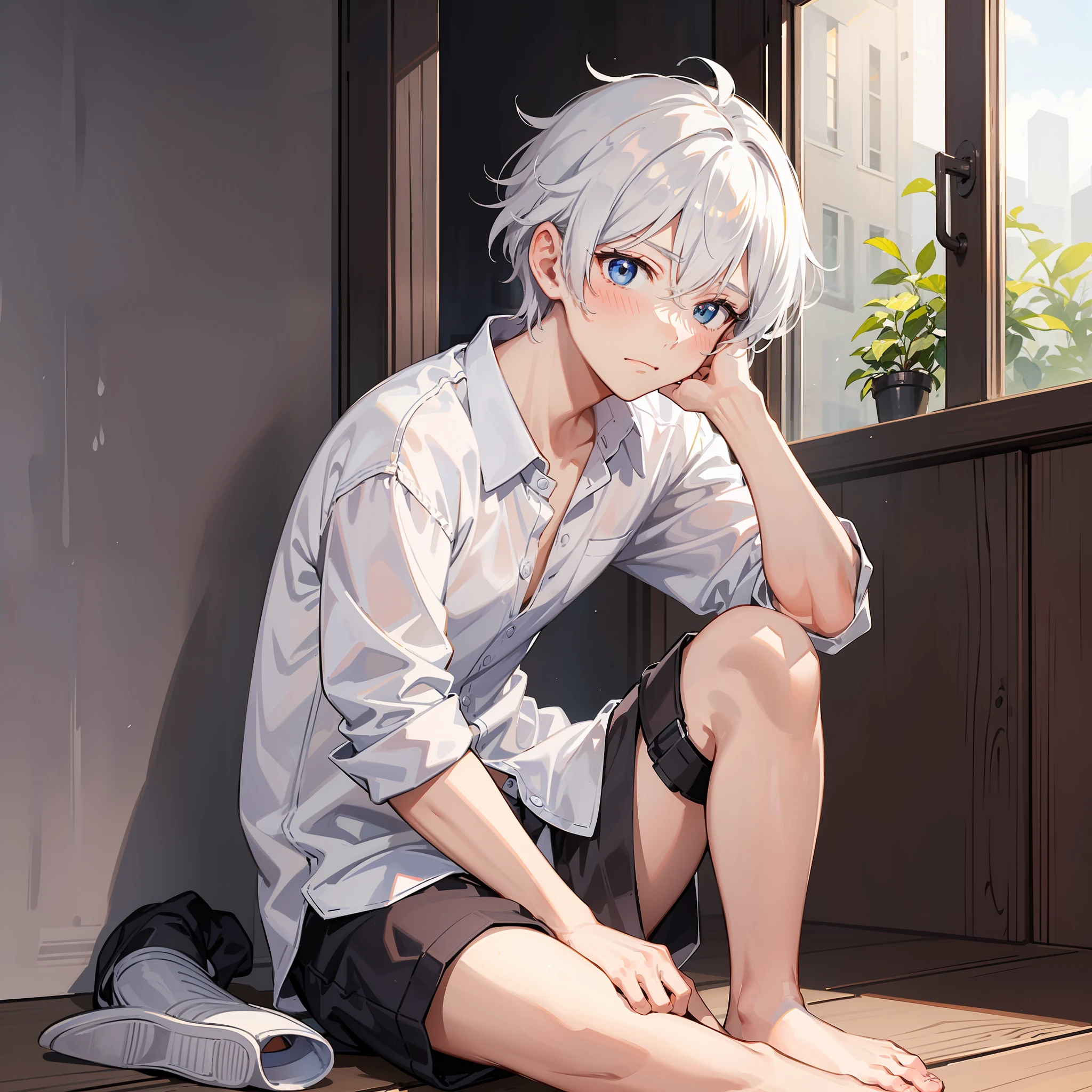 A male ager,adorable captivating,White color hair,in a white shirt,He looked sad,Barefoot,sat on the ground。The blush gradually rises,Shy, But handsome。The picture style is fresh and simple,Rendered like a comic,The lens is shown as a vista,(Anime style+Soft cute)