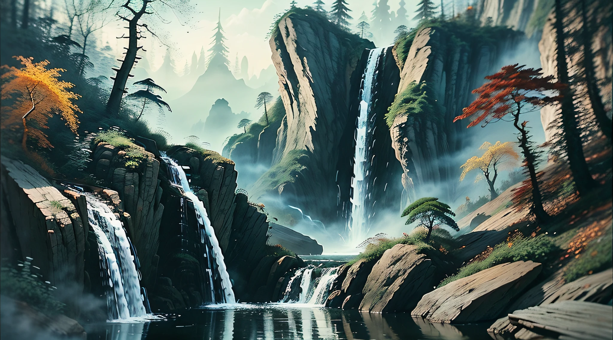 (a surrealistic landscape, vibrant colors), an animated scene, a dog playing in the waterfall, deep in the forest, crystal clear water, dense foliage, focused on the dog and waterfall, with limited depth of field.