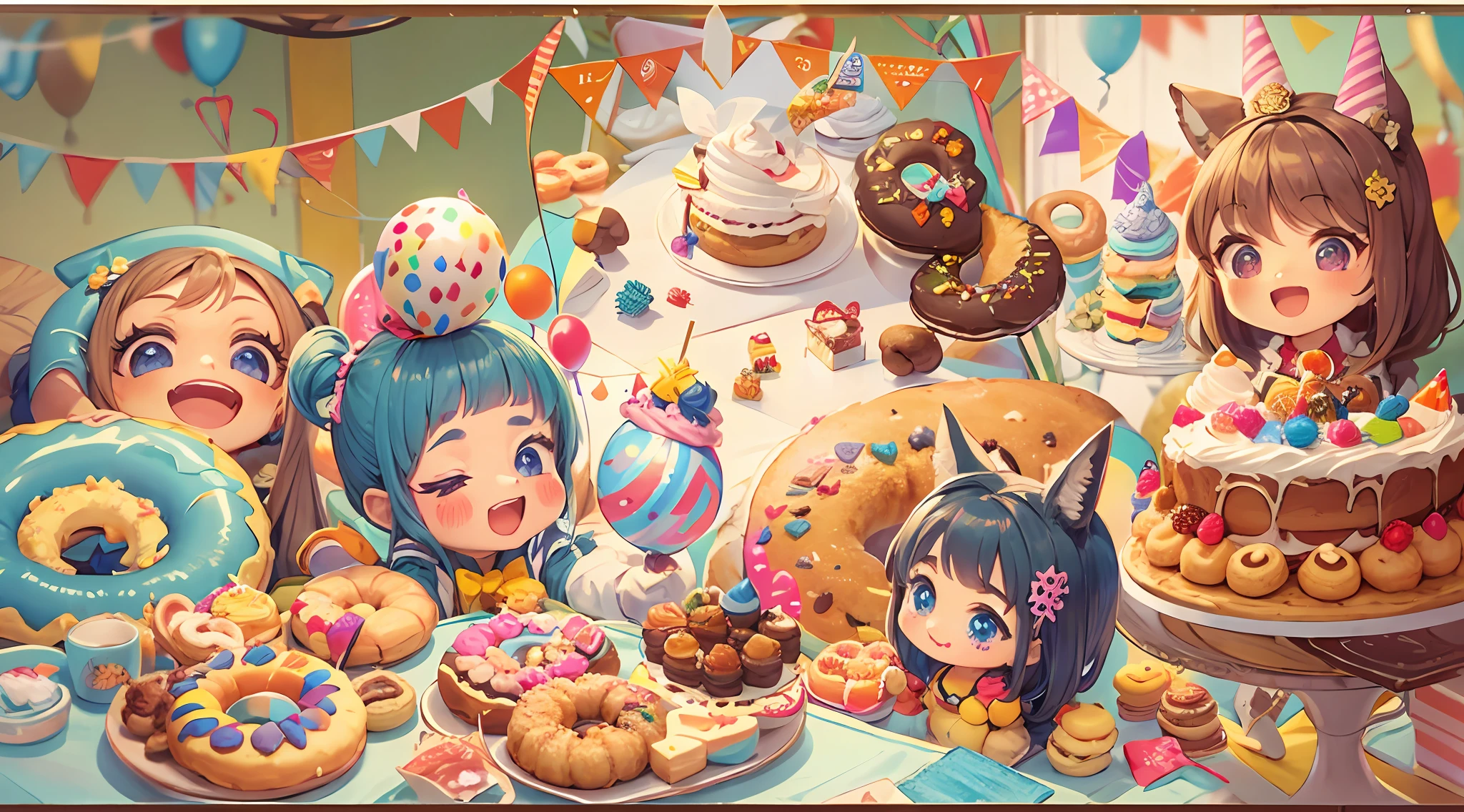gatherings,lots of people,Birthday party,The birthday cake,balloons,delicacies,Cookie,donut,Happy atmosphere