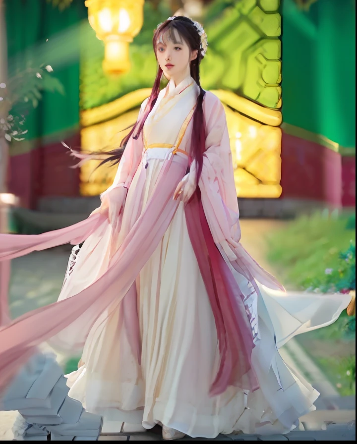 An image of Arad with a woman in a long dress holding a fan, Hanfu, flowing magical robe, Flowing robes, White Hanfu, Palace ， A girl in Hanfu, flowing hair and long robes, Wearing ancient Chinese clothes, flowing robe, Traditional Chinese clothing, wearing a long flowing robe, xianxia fantasy, heise-lian yan fang