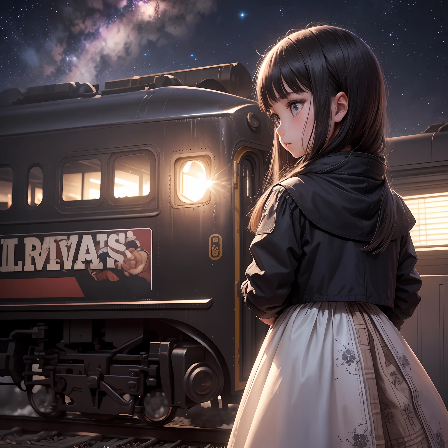 The train came from the stars,The railroad tracks are cast by the galaxy,The carriage is sprinkled with blessings,The machine is modern,In the bleak universe,stopped in front of a little girl in white,The little girl turned her head on her back,Sprinkle your hair --auto