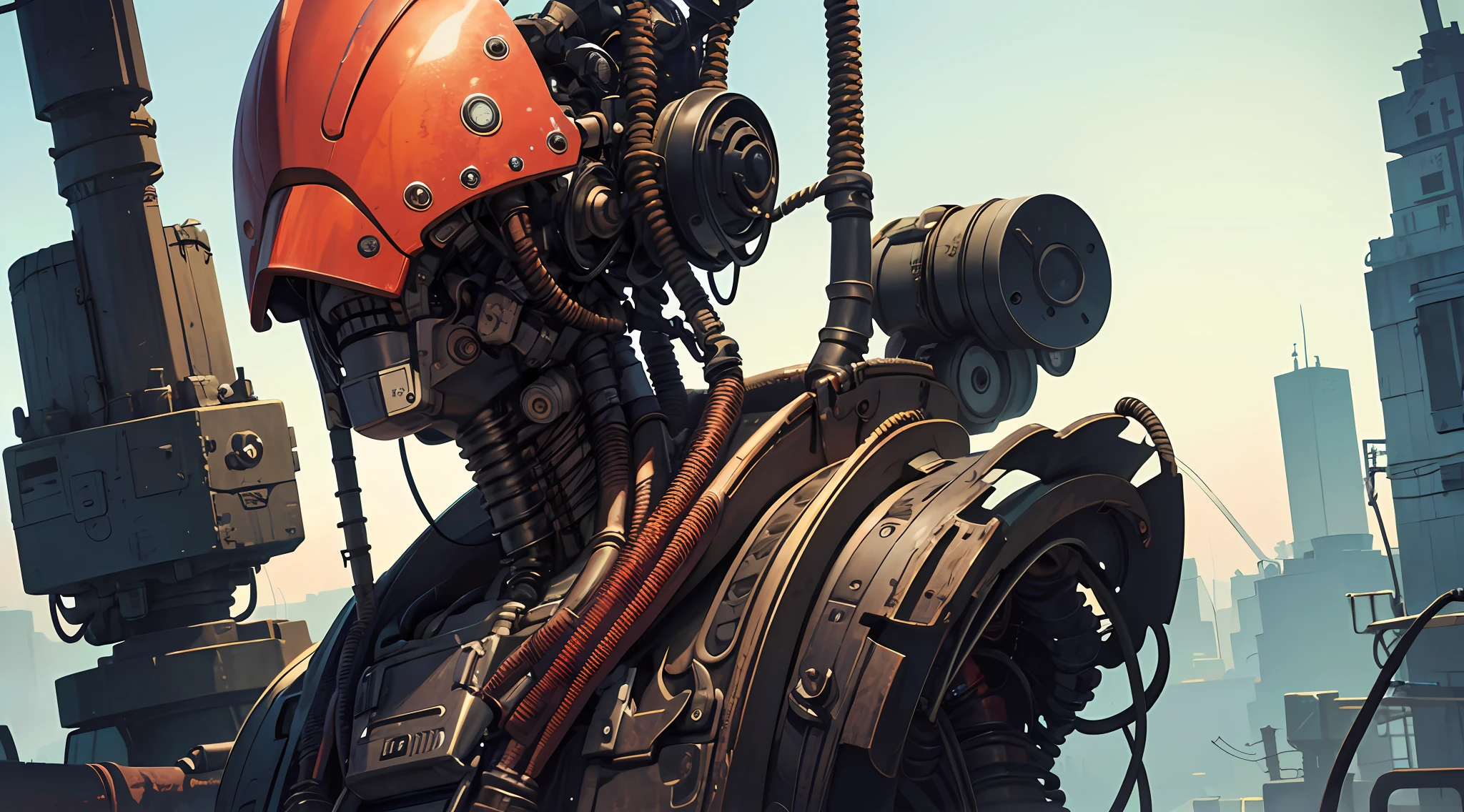Mechanical mask of the apocalyptic wasteland,Rusty,Winding,Mechanical components,Hyper-realistic,((1 mechanical mask)),solo person,(Machine-made joints:1.4),((Mechanical limb)),(Blood vessels connected to the tube),((The mechanical spine is attached to the back)),((The mechanical cervical vertebrae are attached to the neck),(Wires and cables are attached to the head and body:1.5),(Character focus),sci-fy
