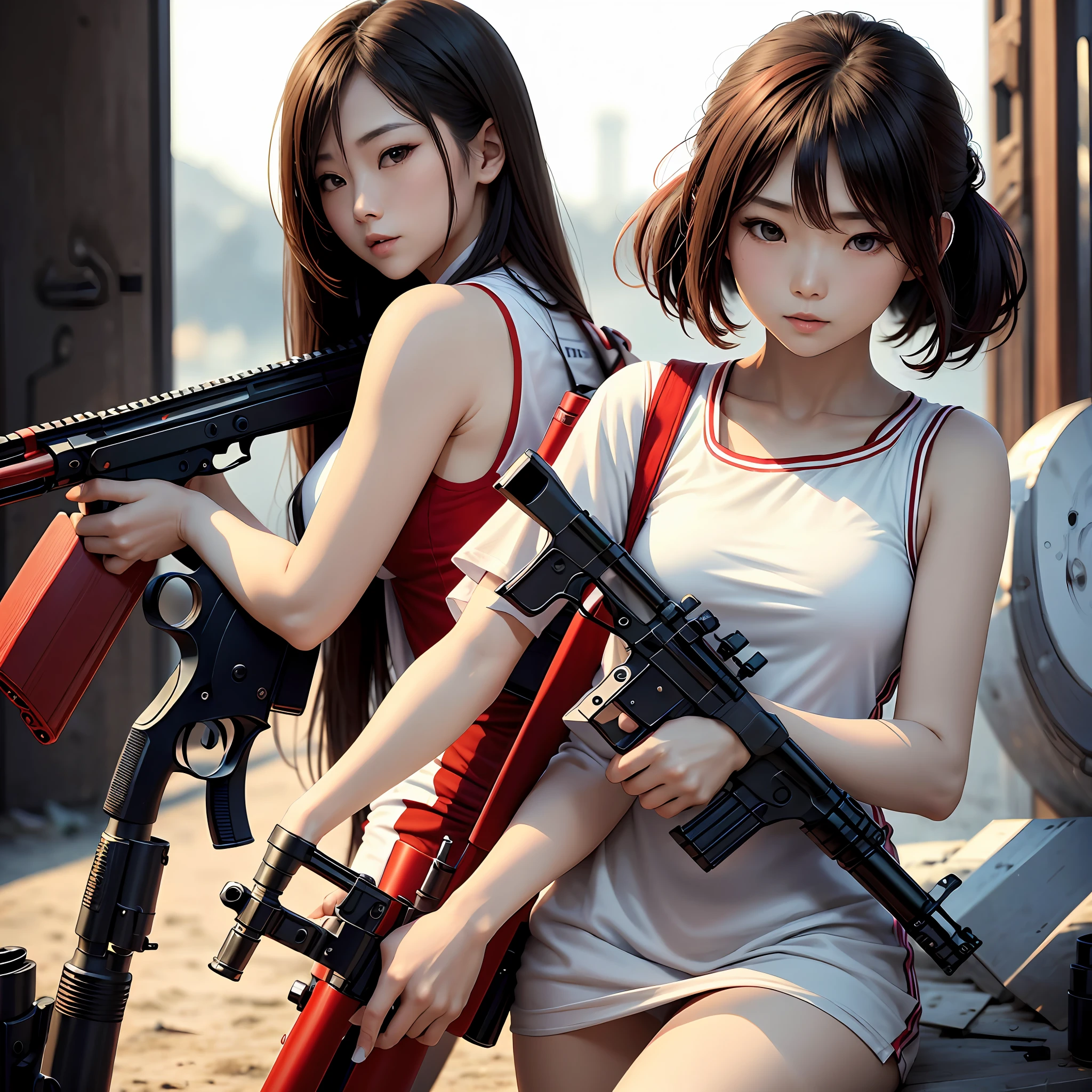 Red and white clothes,Long Gun,Asian girl --auto
