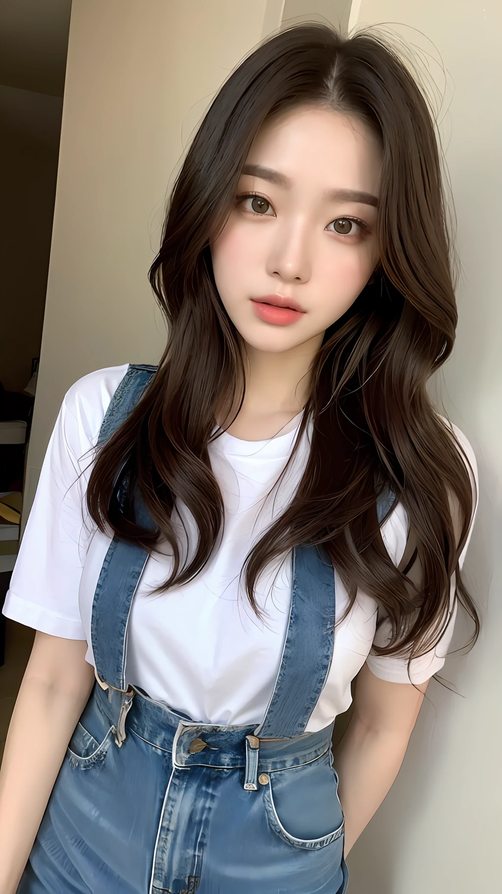 "(((perfect bodies, A long-legged beauty))), HD 8K quality, Amazingly detailed rendering, Dark brown smooth hair, White skinny T-shirt and denim suspenders, Female face true skin tone texture, Living eyes。"