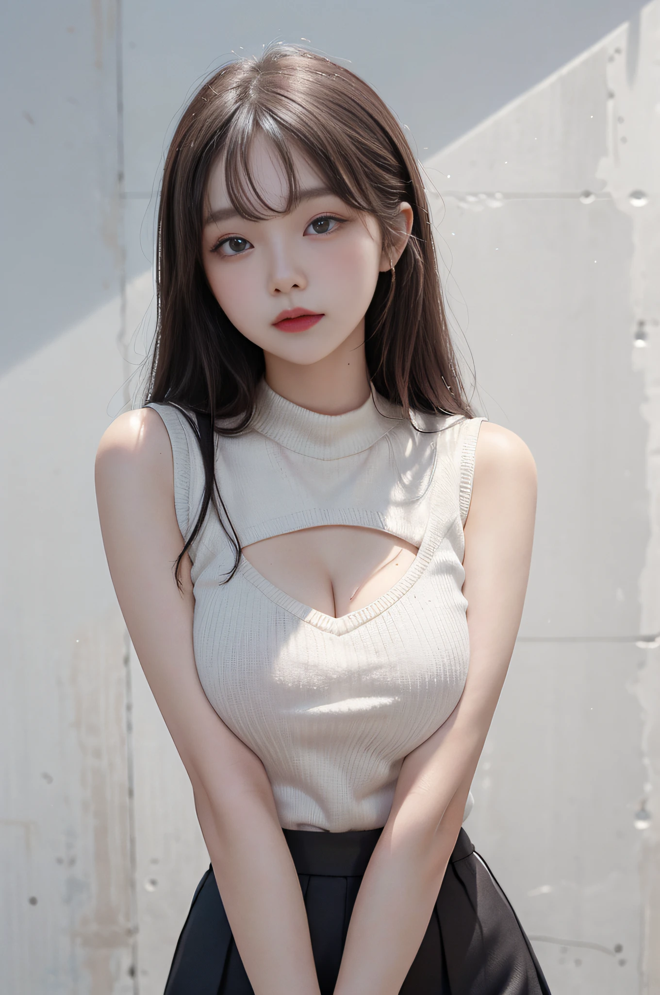 Top image quality、Raw photography、超A high resolution、-yeld Kon、big round chest、Sleeveless、Formal Summer Knitwear、Tight knit、Formal Office Skirt、Black skirt、fair white skin、shiny white skin、elongated eyes、Beautiful eyes with random colors、beautiful eyes finely detailed、pale pink blush、long eyeslashes、beautiful double eyelid、eyeshadows、Glowing brown hair、A bracelet、Stand in front of a gray wall、Gateway to large enterprises