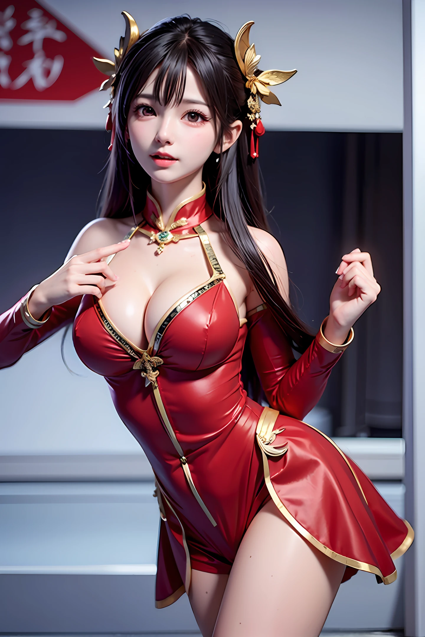 Yunying Ruddy skin Girly big breasts Red martial arts suit cos Look up at the camera Front lens Expose the chest