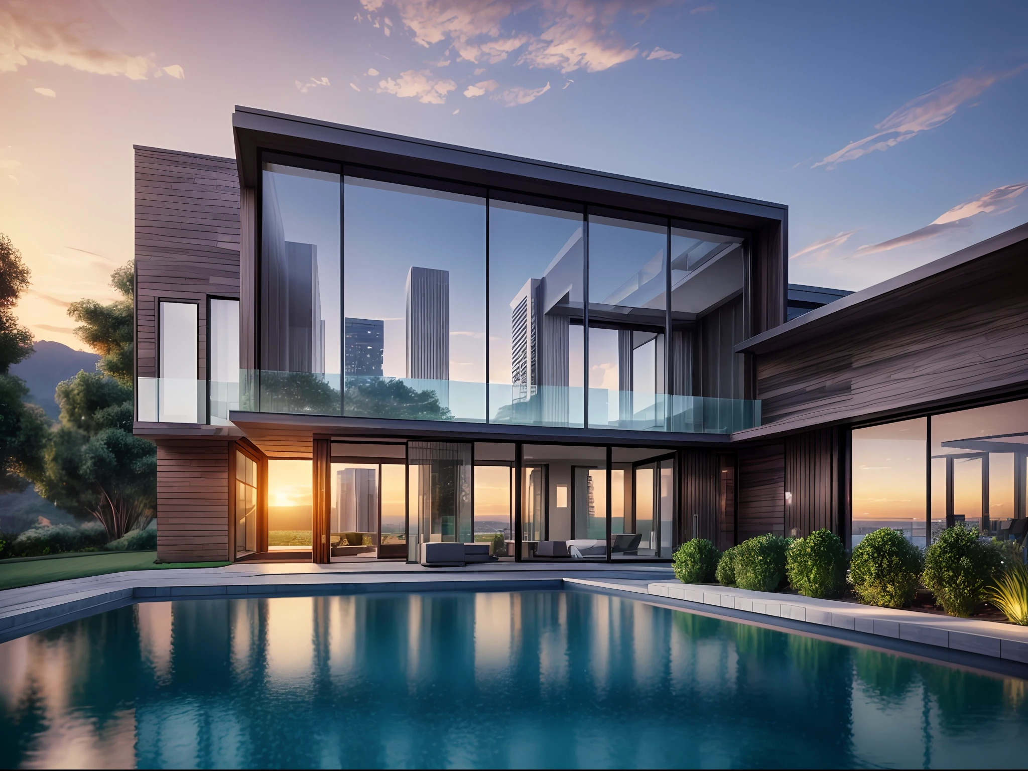 ((masterpiece, best quality)), 8k, modern architecture style, photo realistic, hyper detailed photo, a digital 3d render of a building, Glass wall, Water body, Sunset, valley background --auto
