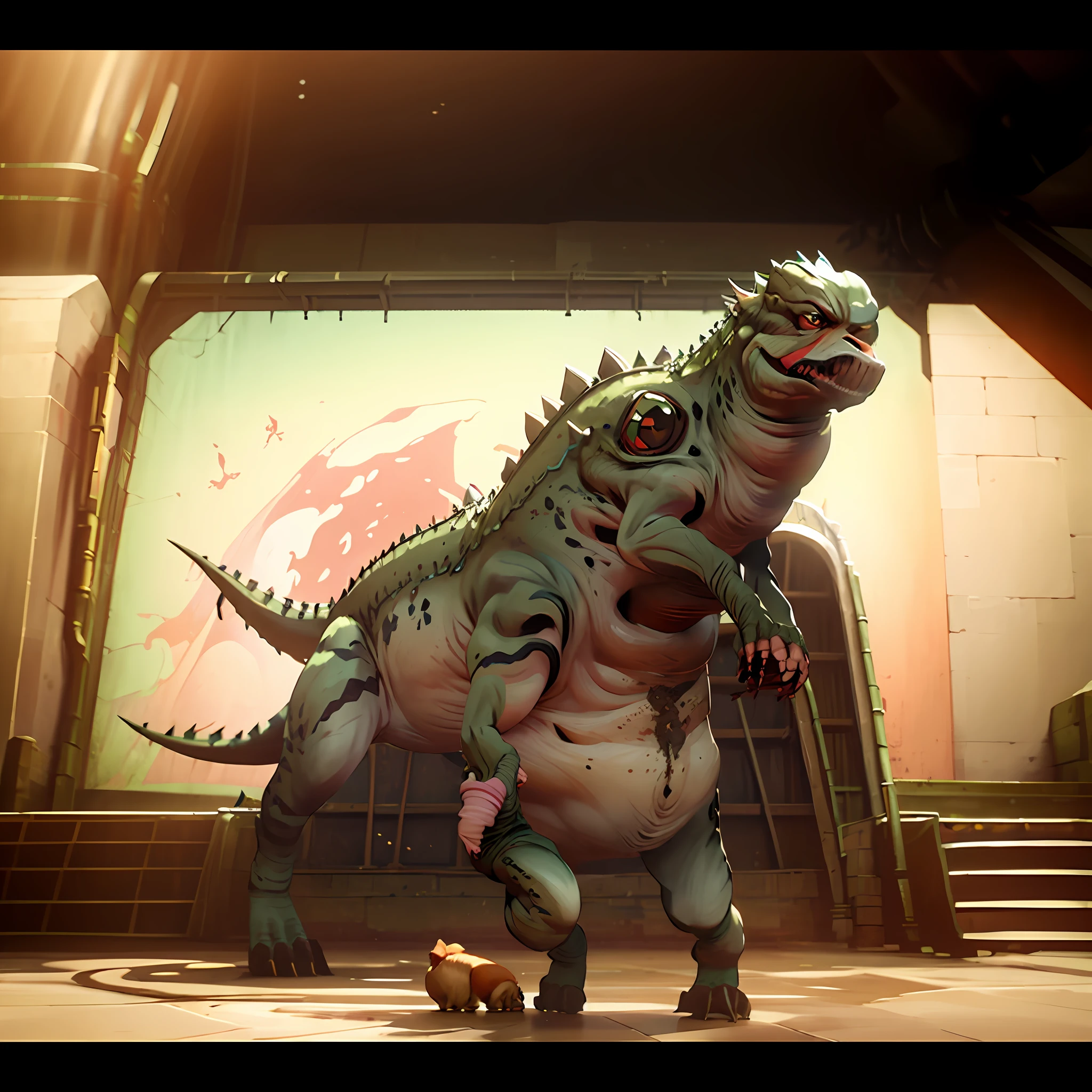 Panicked dinosaur carrying wolf high resolution masterpiece ridiculous funny