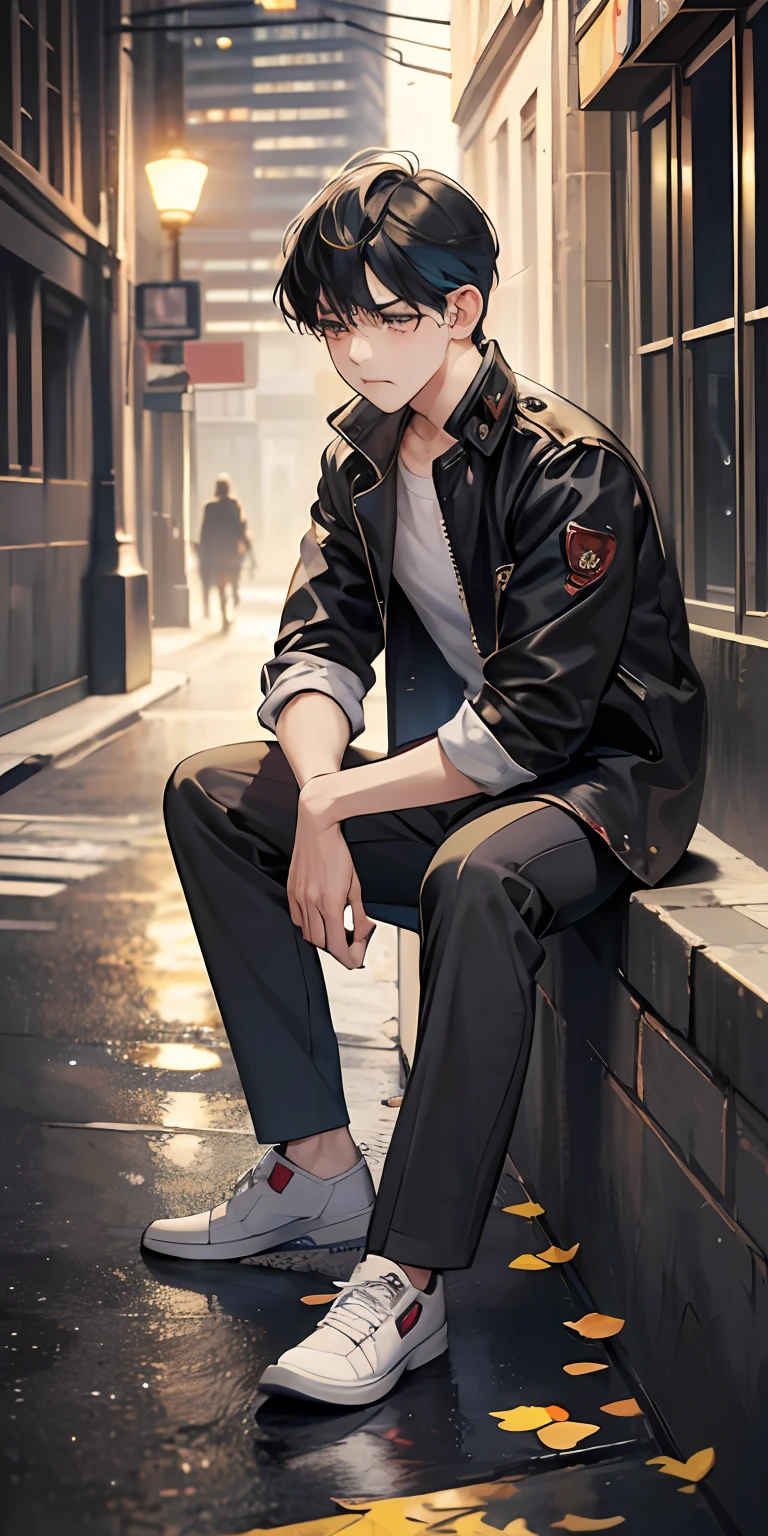 tmasterpiece,high high quality,Best quality at best,k hd,详细的脸,Detailed body,1 man,(with short black hair:1.3),whitet-shirt,(Saddened expression:1.5),(The face is sad:1.5),(sat on the ground:1.2),Looks engaged,Off the street,The weather is gloomy,(and it was raining lightly:1.2),(Torn clothes:1.4),(Shabby clothes 1.2),eventide,golden sun,((Color temperature 9000K:1.4))
