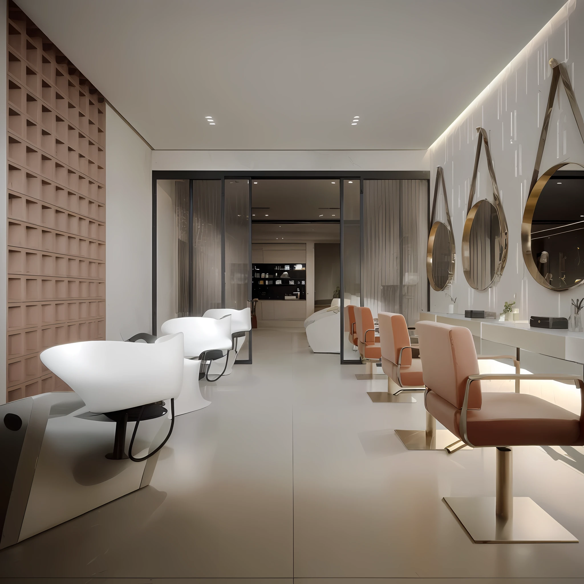 there are many chairs in a room with mirrors on the wall, inspired by Emilio Grau Sala, rendered in enscape, by David Ruby, by Kurt Roesch, in style of kyrill kotashev, by Joseph Pisani, by Anita Malfatti, crisp smooth clean lines, sleek flowing shapes, by Emma Andijewska, archviz