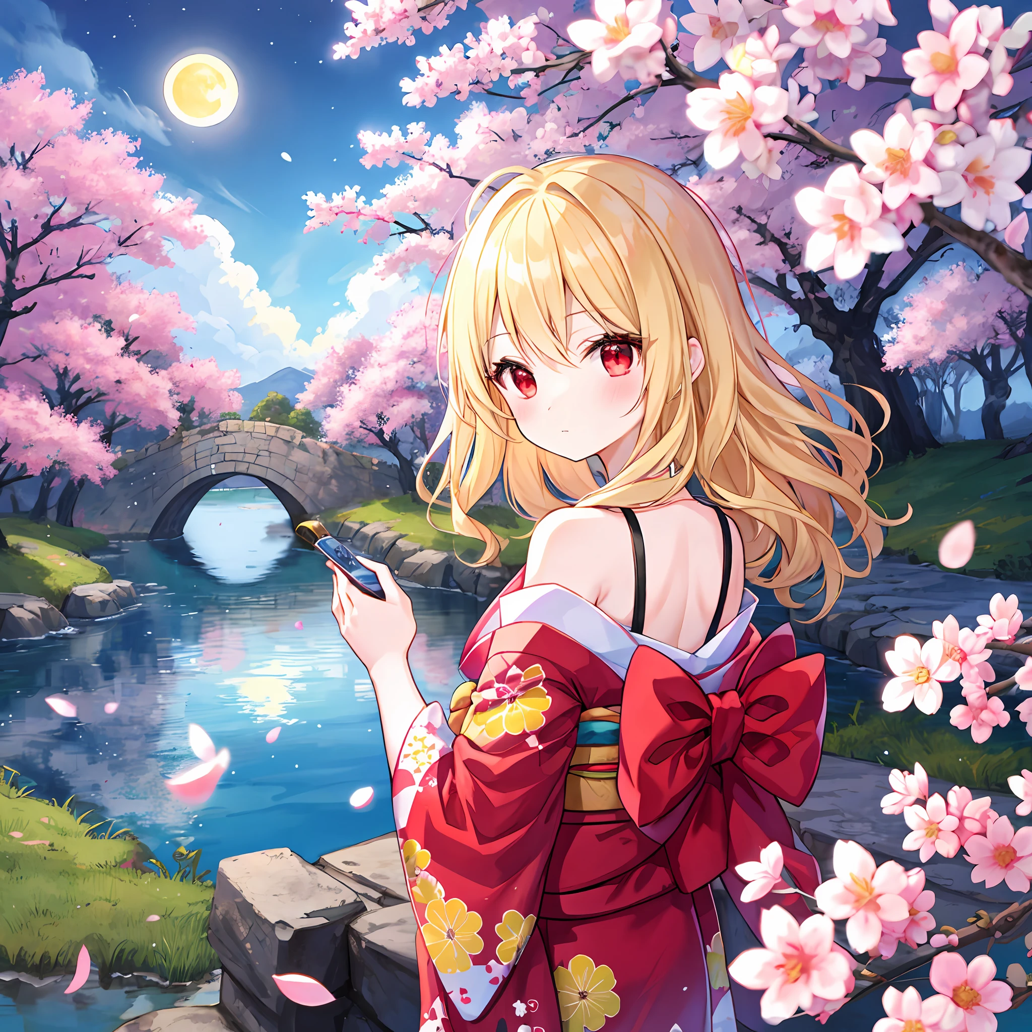 One beautiful blonde girl with wavy hair、独奏、red eyes、Kimono、off shoulders、cherry trees、natta、a moon、