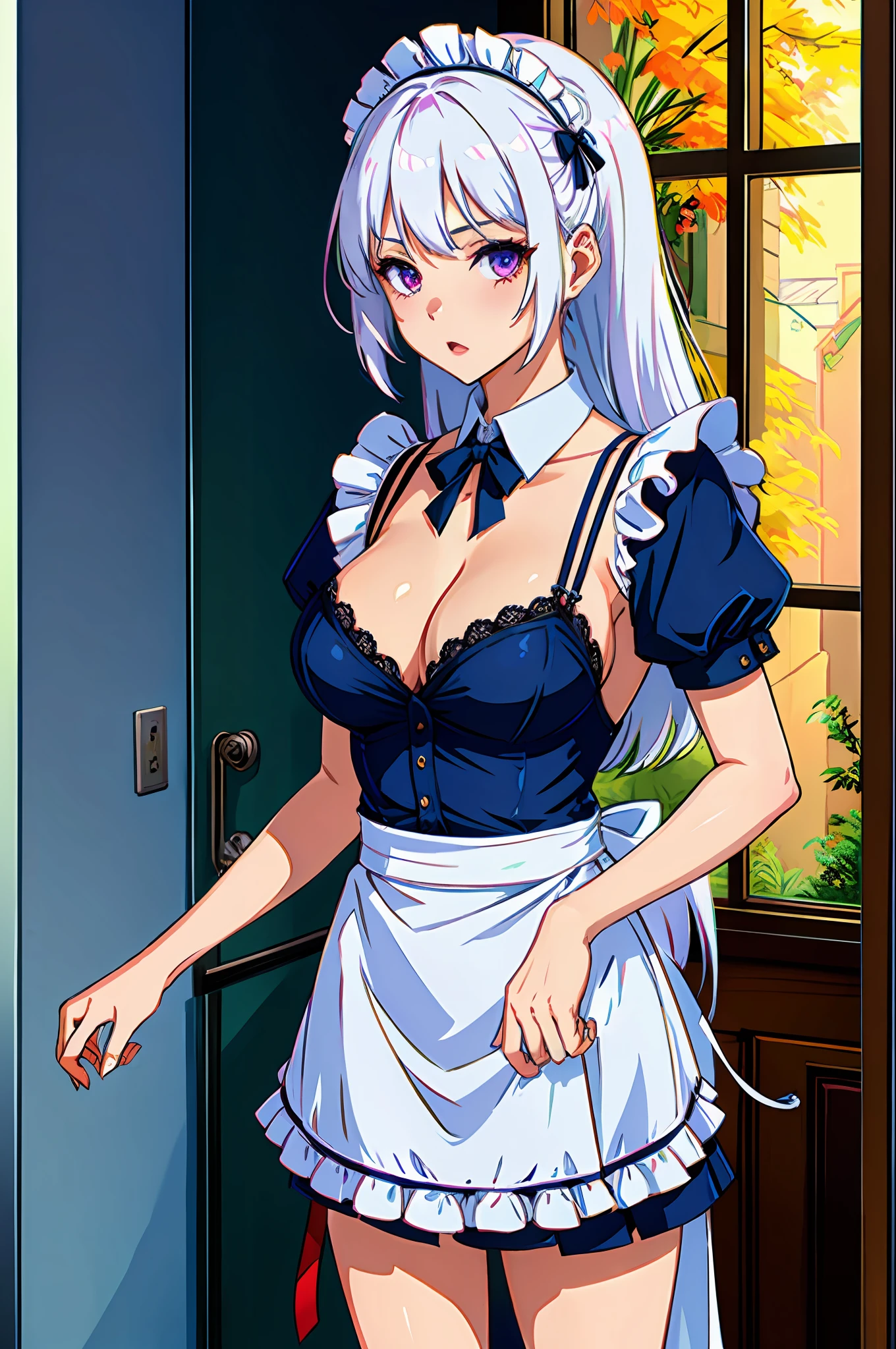 1 girl, sexy, maid, white hair, long hair