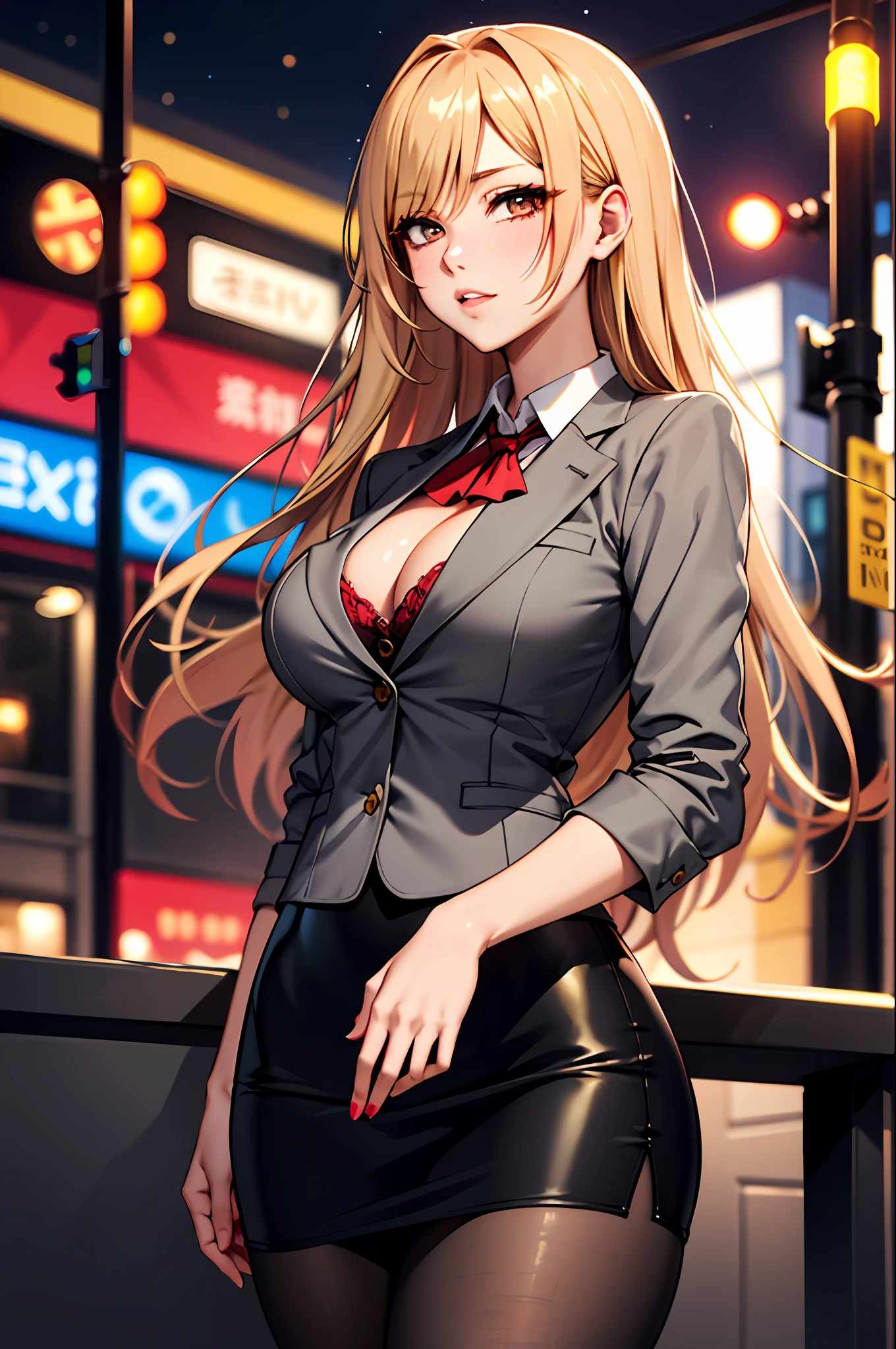 Bewitching anime busty woman in gray blazer suit and tight skirt、Black tights,Inviting look、Show off your chest、Shirt and long golden hair,Ecchi anime style,  Bokeh in the background,Kamimei,Red Light District at Night,neons、