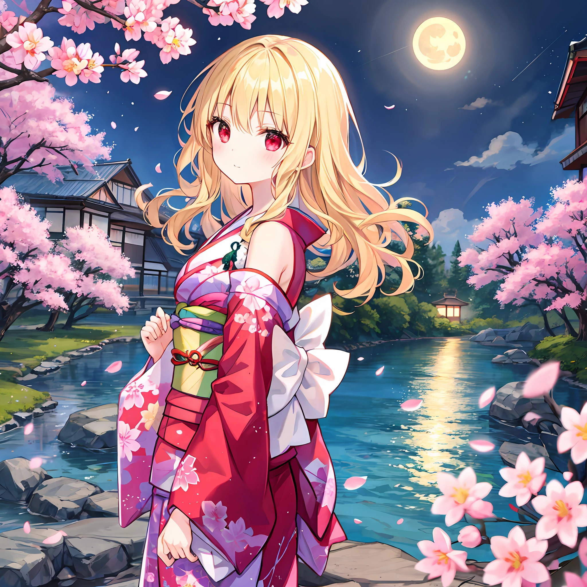 One beautiful blonde girl with wavy hair、独奏、red eyes、Kimono、off shoulders、cherry trees、natta、a moon、