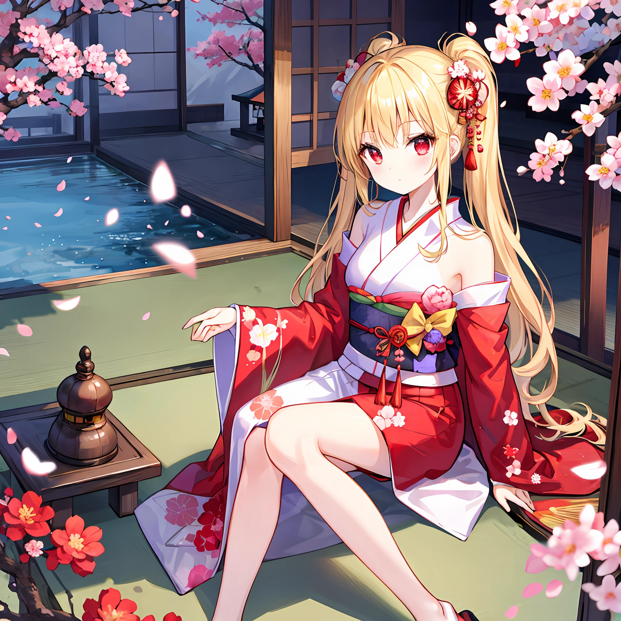 One beautiful blonde girl、red eyes、Kimono、off shoulders、cherry trees、traditional Japanese room