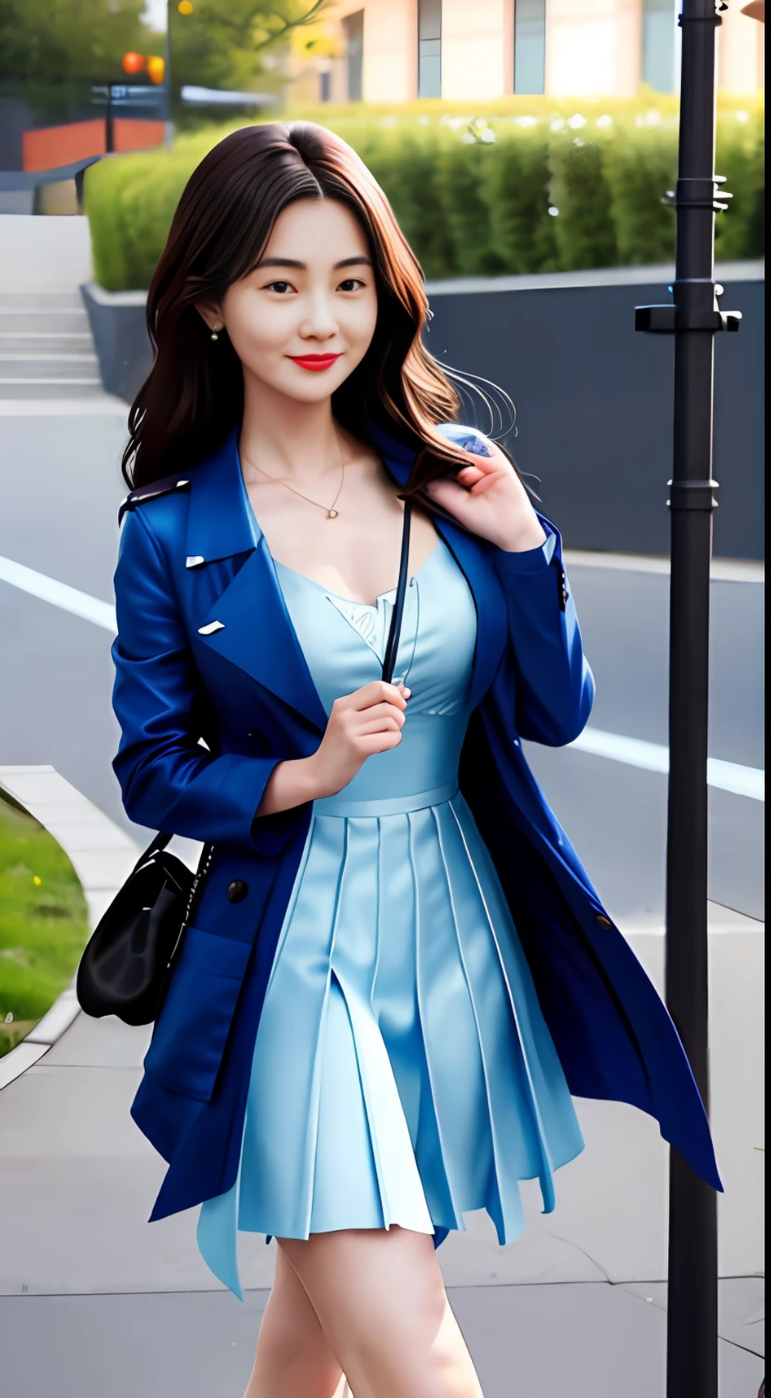 best qualtiy, tmasterpiece, 1girll, beauitful face, (photograph realistic:1.3), edge lit, (highdetailskin:1.2), 8K UHD, digital SLR camera, high high quality, A high resolution, 4K, 8K, Bokeh, absurderes, Optimal proportions of four fingers and one thumb, (realisticlying:1.3), Cute 1girl, Wearing a blue dress jacket, mediuml breasts, short skirt,Happy expression