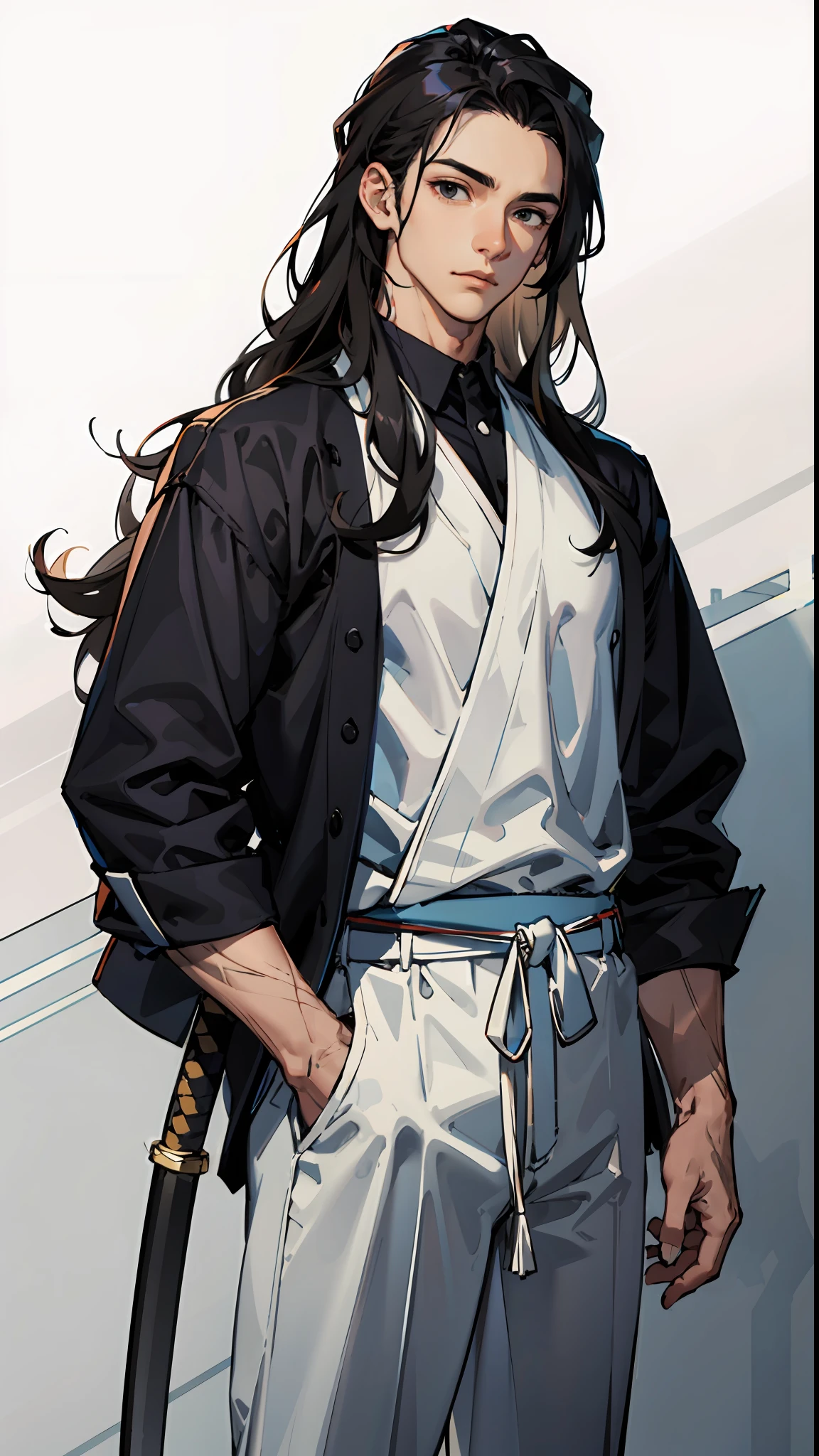 masterpiece, best quality, 1 male, teen, muscular, handsome, finely detailed eyes, intricate details, highly detailed katana, long wavy hair, black hair, black eyes, highly detailed dojo