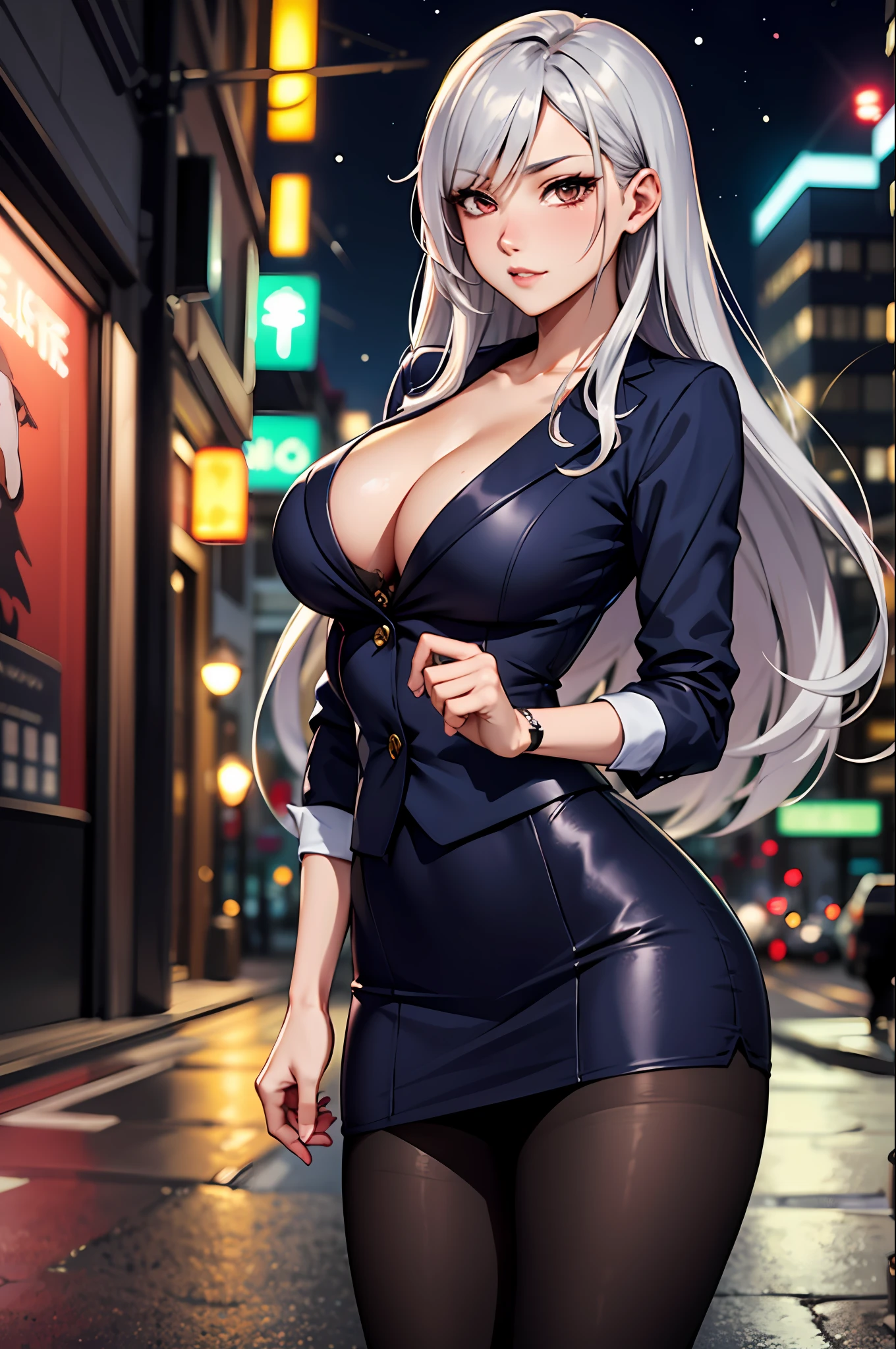 Bewitching anime busty woman in blue suit and tight skirt、Black tights,Inviting look、Show off your chest、Shirt and long silver hair,Ecchi anime style,Kamimei,Red Light District at Night,neons、Bokeh in the background