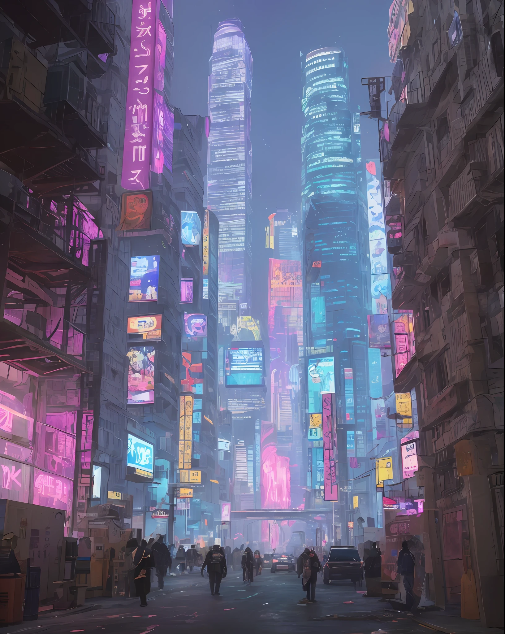 cyberpunk city， A futuristic cityscape with elements of sci-fi and Wes Anderson's signature style. The image has a 16:9 aspect ratio and is captured in a symmetrical, high-saturation design style.

The city is rendered in a bright, bold color palette, with pops of neon pink and vivid blue contrasting against a deep, rich black background. The buildings are tall and sleek, with clean lines and sharp angles that echo the futuristic aesthetic of sci-fi films.

The city is bustling with activity, with futuristic cars soaring through the sky and robots moving about their tasks, while citizens navigate the busy sidewalks below. The scene is full of life and energy, with the futuristic architecture creating an almost surreal, dreamlike atmosphere.

Wes Anderson's signature style is evident in the symmetrical composition and carefully balanced design of the image. Every element is perfectly placed to create a sense of harmony and unity, while at the same time, the futuristic elements of the scene create an atmosphere of excitement and possibility.

The image is a striking representation of a possible future world that combines the imaginative elements of sci-fi with the eclectic, offbeat style of Wes Anderson, producing a symmetrical, colorful, and exciting scene that is both awe-inspiring and inspiring.