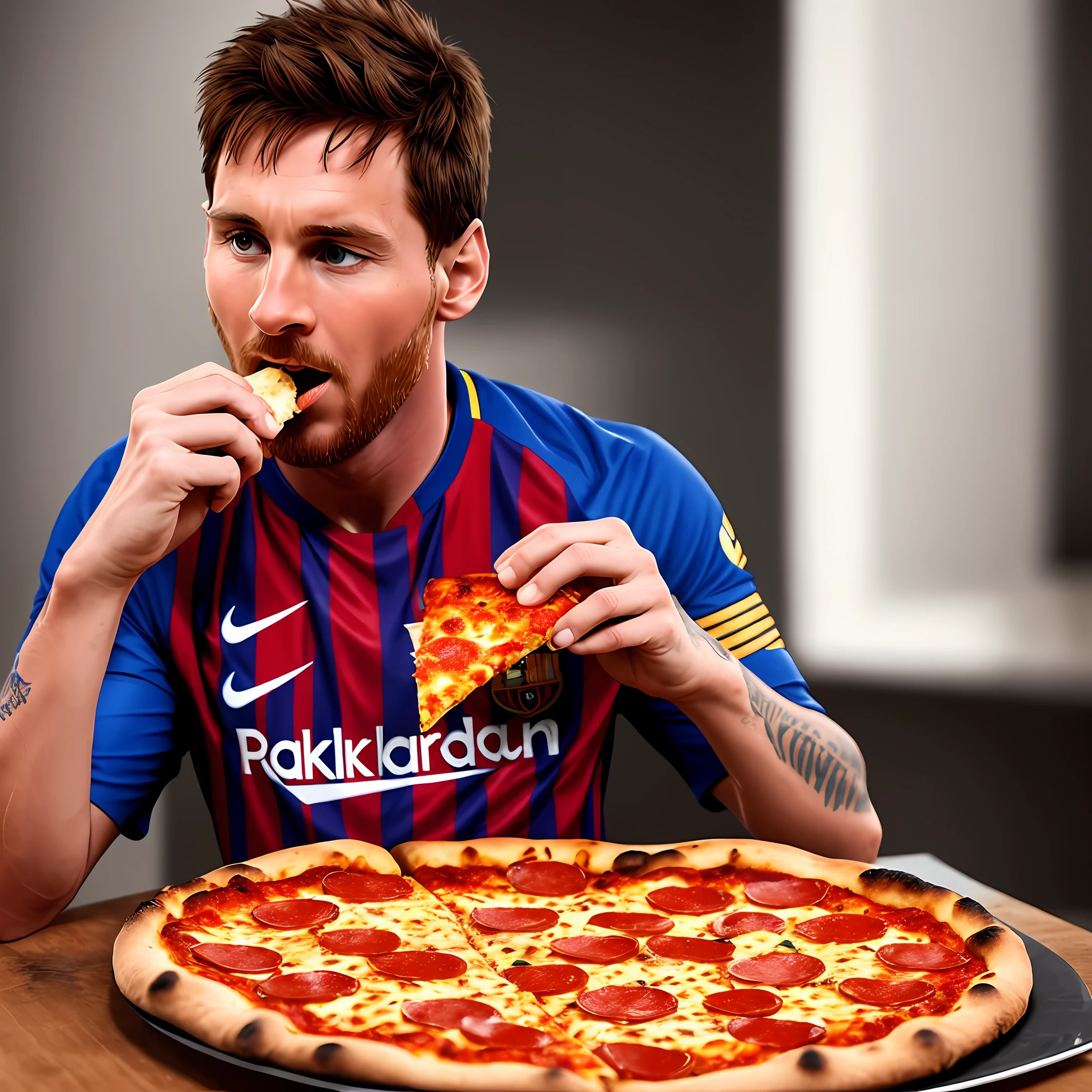 Leo Messi eating pizza, highly detailed, realistic photography, taken with a professional camera, 8K