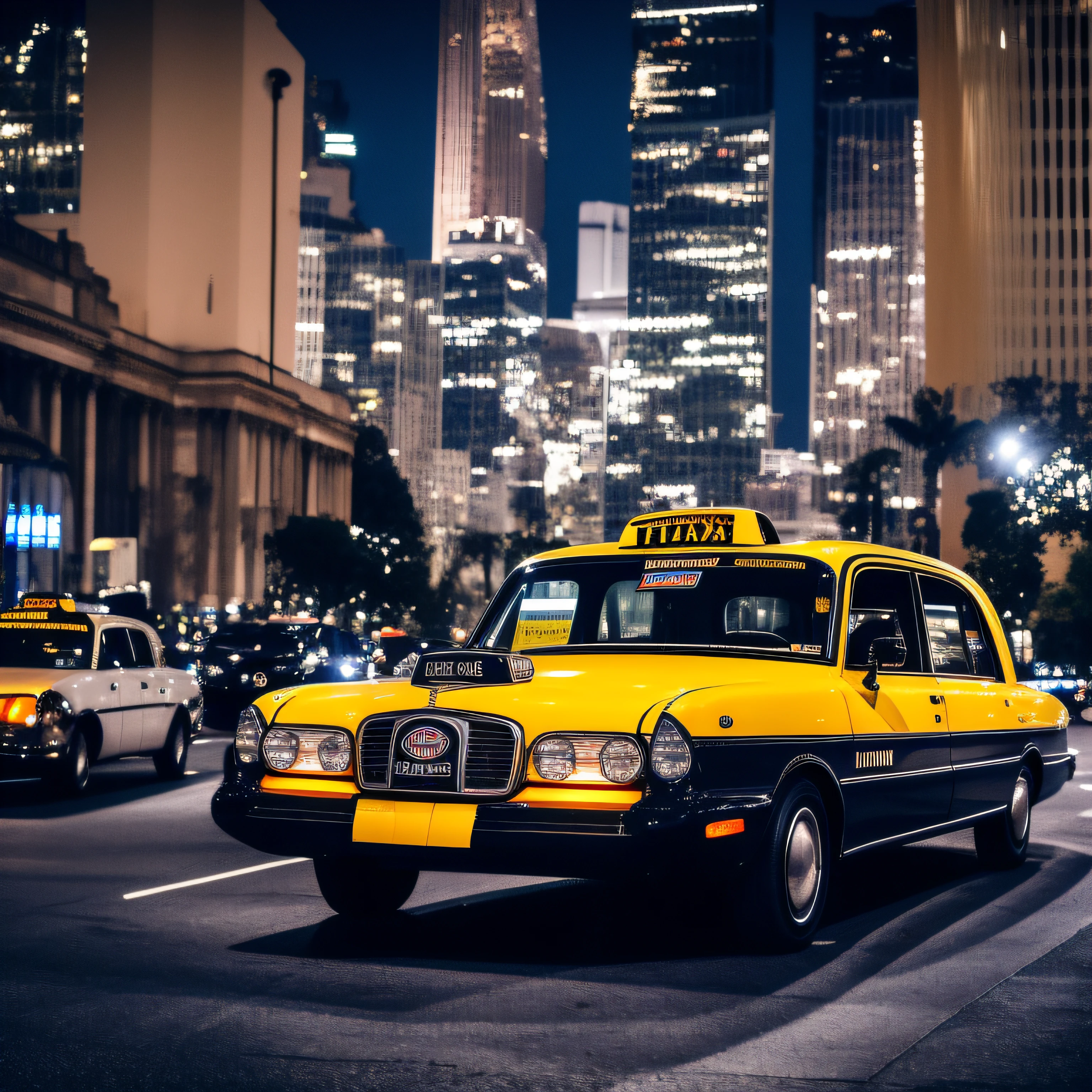 Black taxi with nostalgic atmosphere of the city at night, The round emblem of the taxi glows --auto