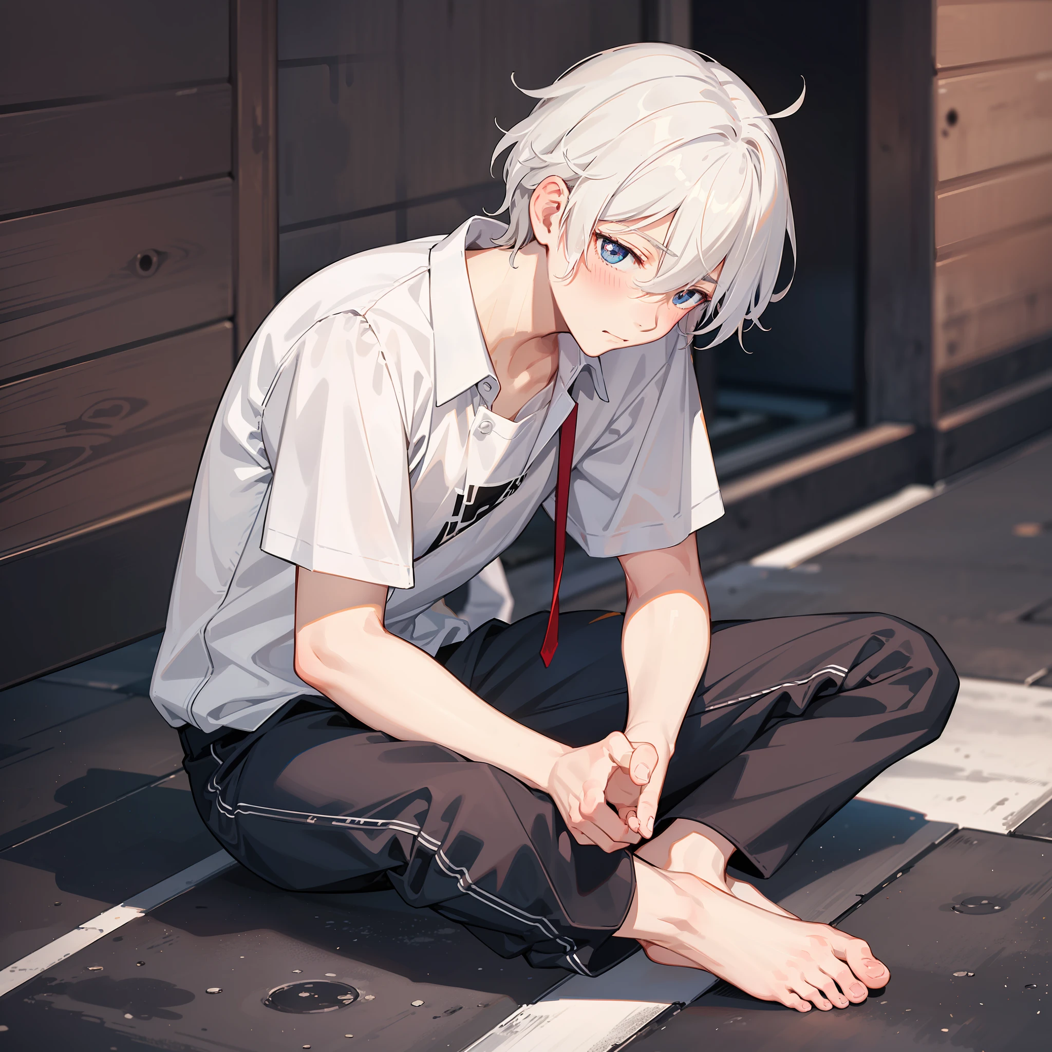 A male teenager，adorable captivating，White color hair，in a white shirt，He looked sad，Barefoot，sat on the ground。The blush gradually rises，Shy, But handsome。The picture style is fresh and simple，Rendered like a comic，The lens is shown as a vista，（Anime style+Soft cute）